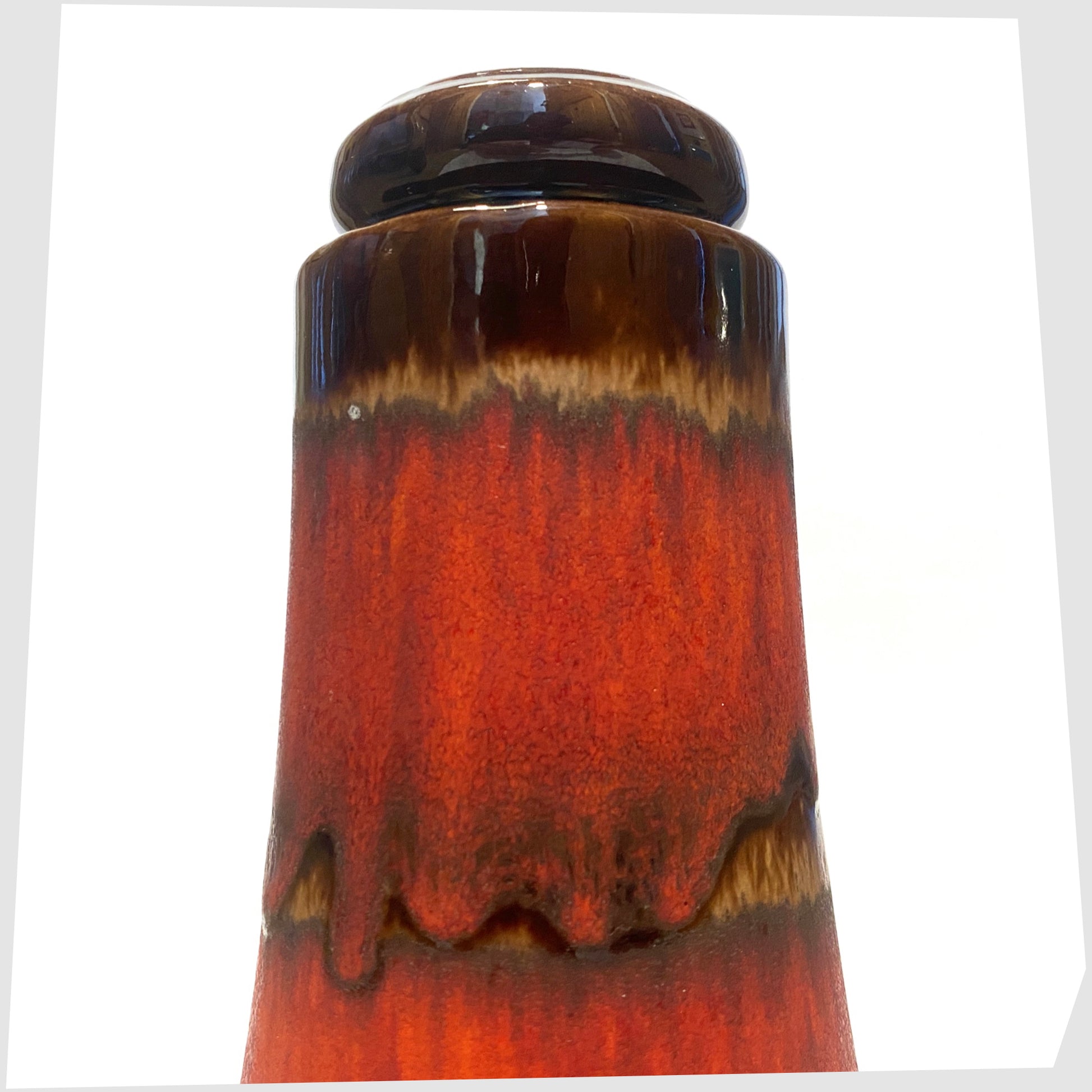 close up of the Scheurich Keramik 209-18 Vase with red fat lava drip glaze