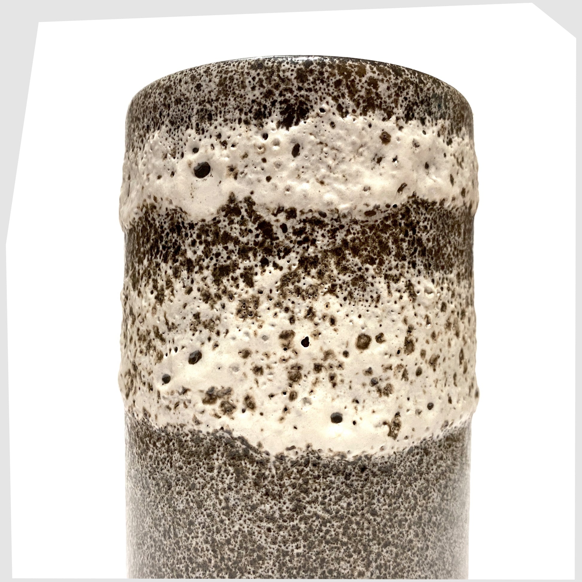 West German Pottery cylindrical vase witha glaze of bands of grey and white fat lava