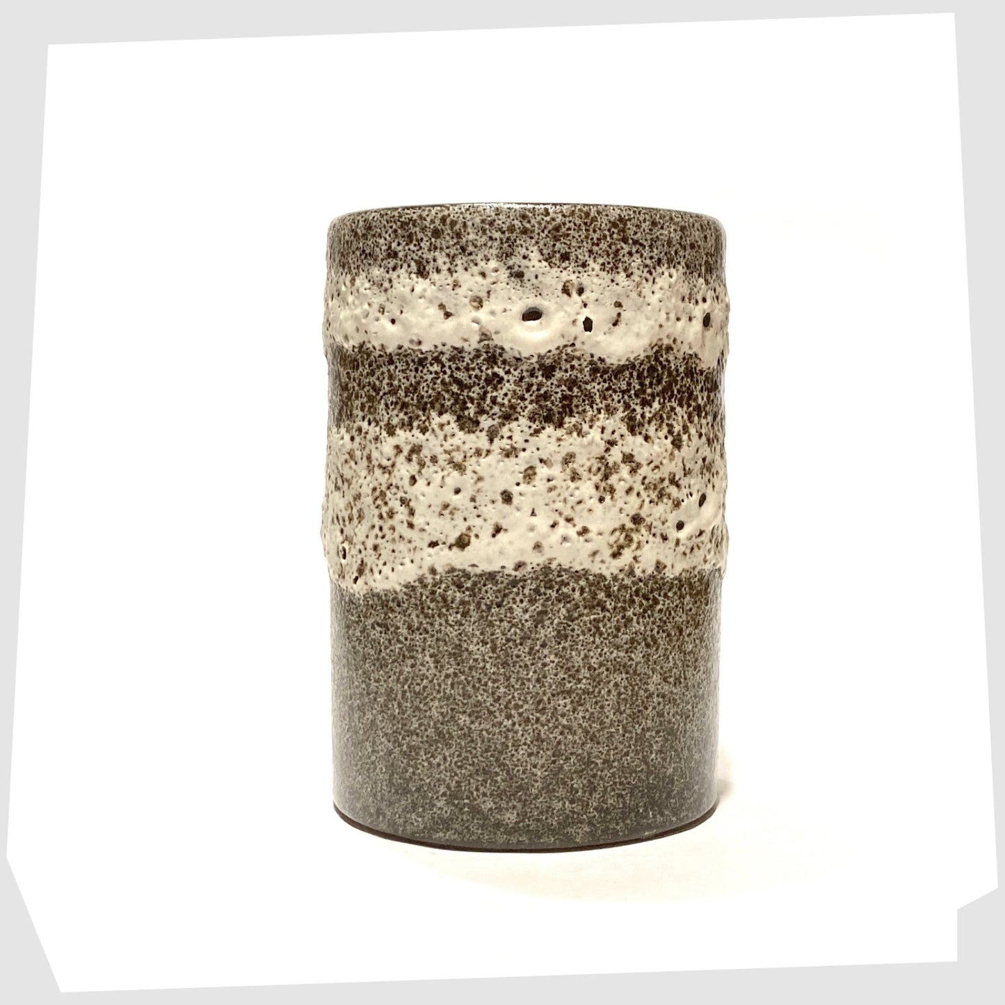 West German Pottery cylindrical vase with bands of grey and white fat lava