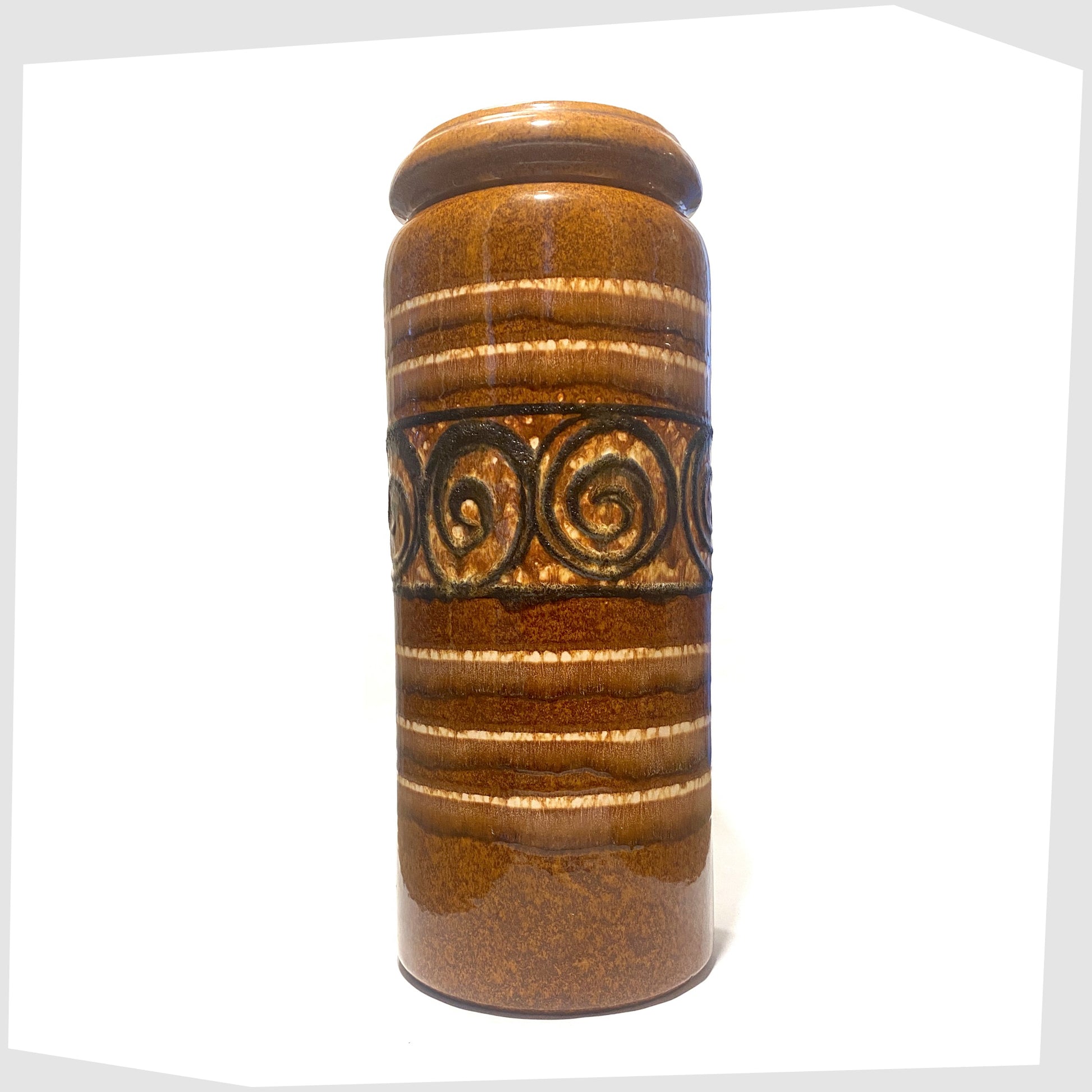 large Scheurich Keramik 217-42 floor vase in a honey and chestnut striped glaze with a central band of swirling at lava