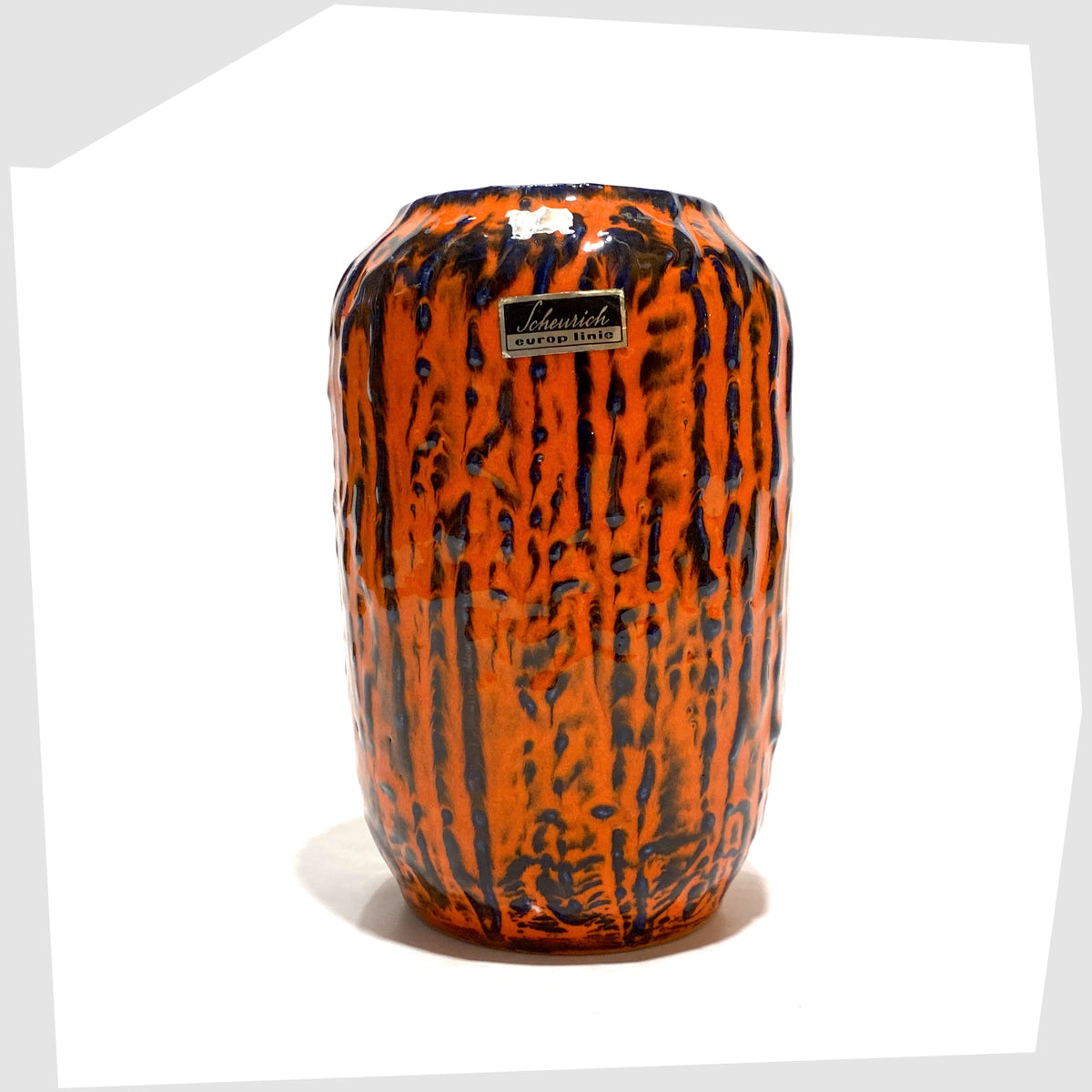 Scheurich Keramik 238-14 Vase, part of Scheurich's 'Europ Linie' collection, in a vivid orange and blue fat lava glaze, shown on a white background
