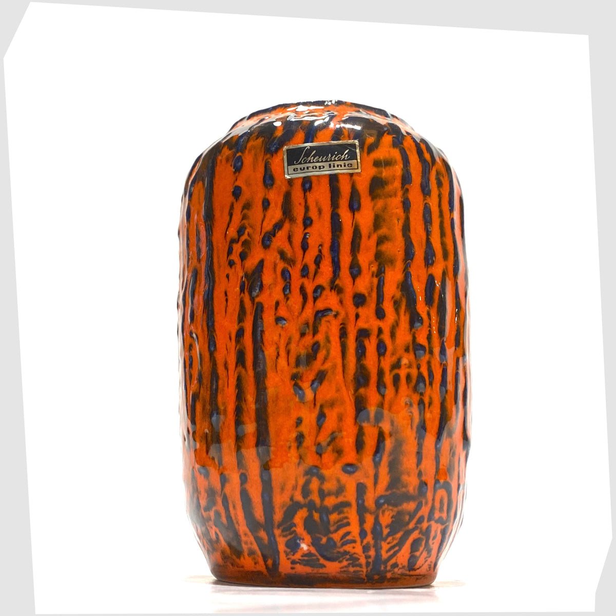 Vintage Scheurich Keramik 238-14 Vase, part of Scheurich's 'Europ Linie' collection, in a vivid orange and blue fat lava glaze, shown on a white background