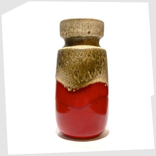 west german pottery vase by scheurich keramik, model 242-22 in red glaze with a cap of flowing fat lava glaze