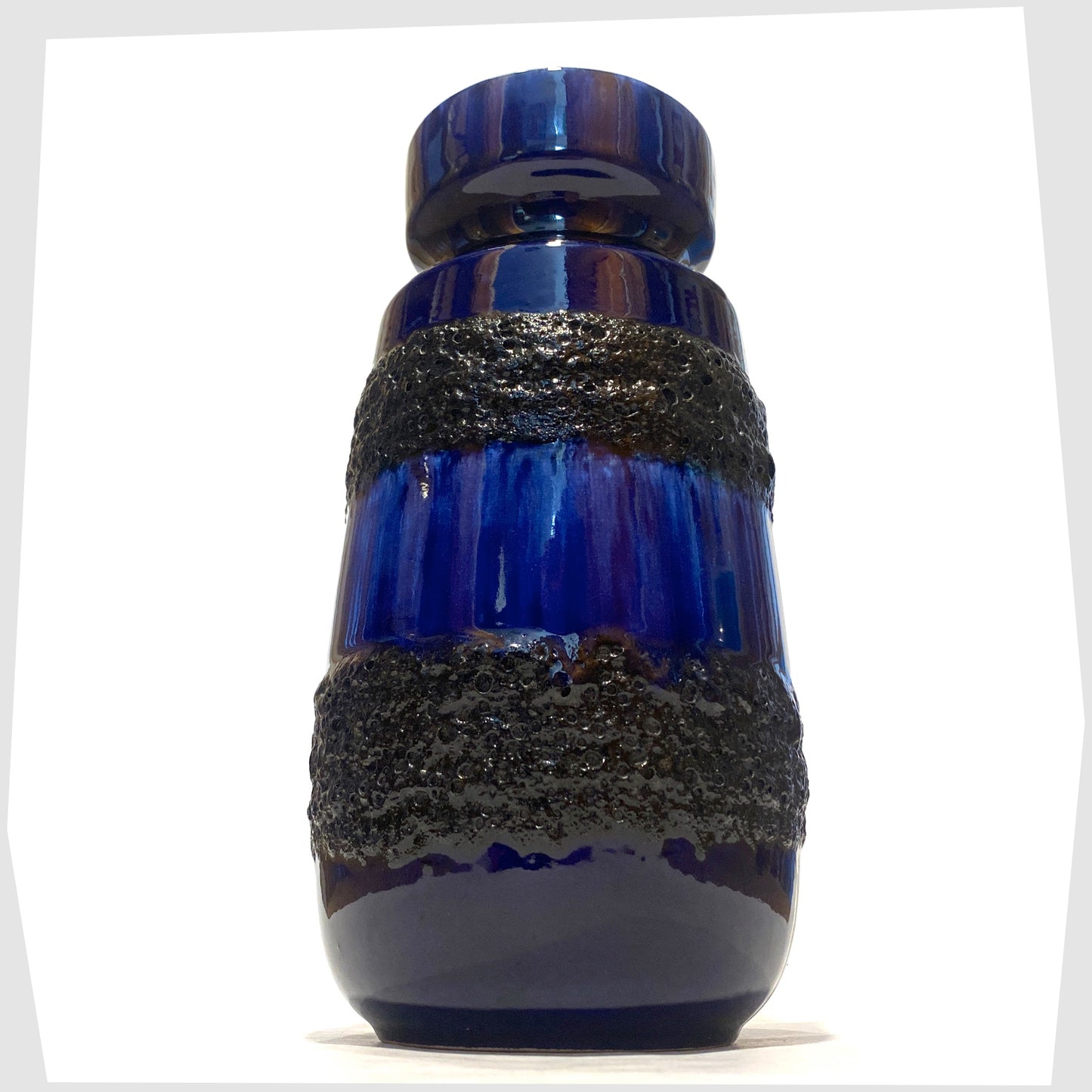 vintage Scheurich Keramik 242-22 Vase in a rich blue glaze with bands of black fat lava