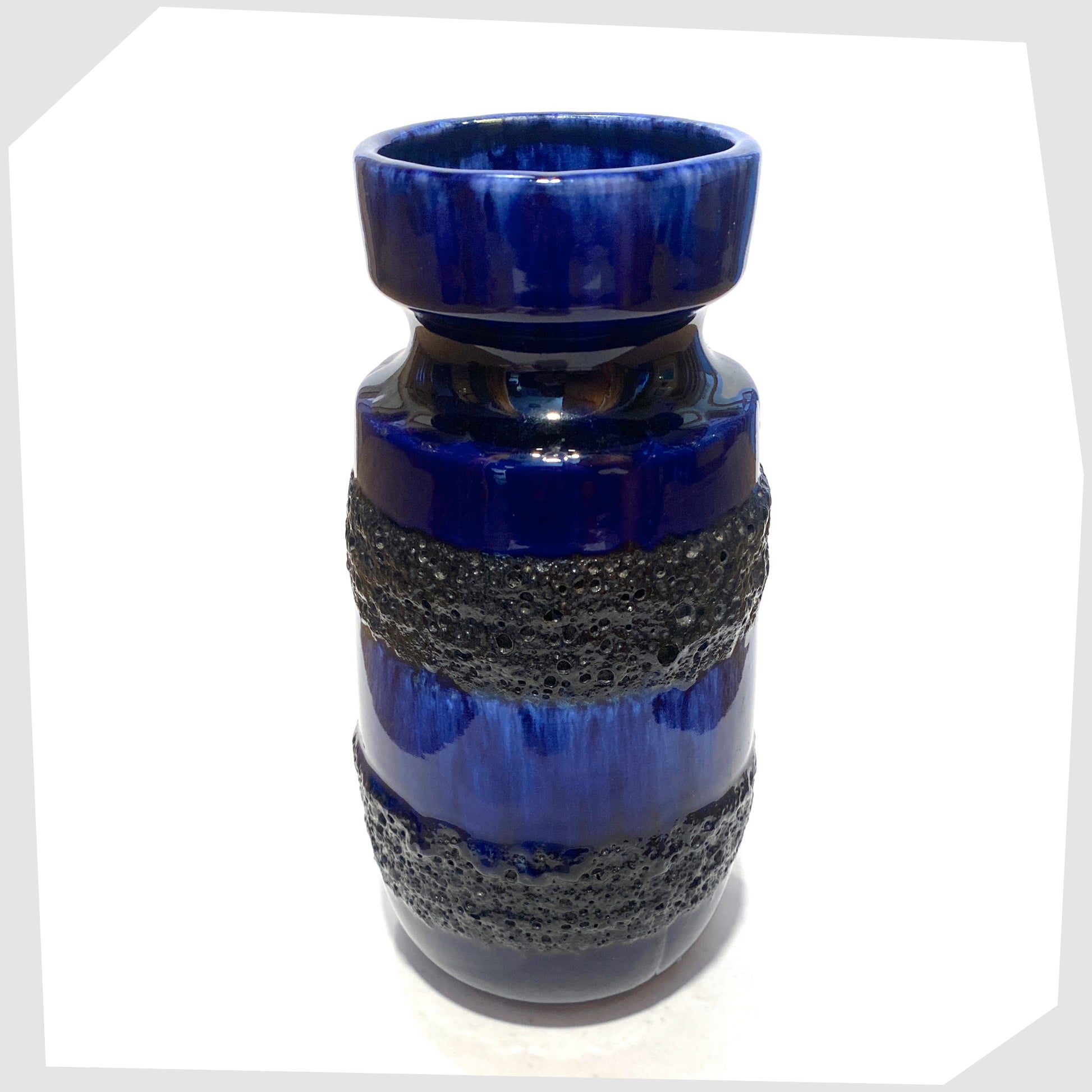 West German Pottery Scheurich Keramik 242-22 Vase in a rich blue glaze with bands of black fat lava