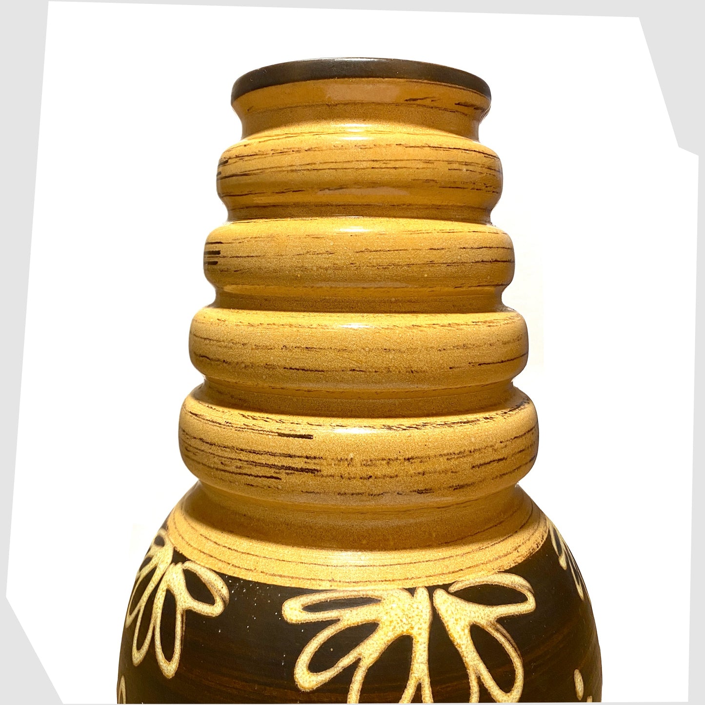 curved hoops on the west german pottery floor vase by scheurich keramik model-269-40 in a yellow/beige and brown glaze with floral design