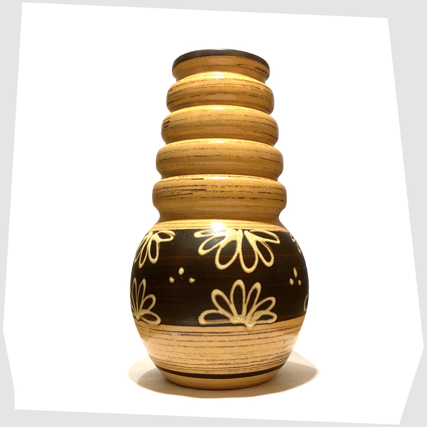 west german pottery floor vase by scheurich keramik model-269-40 in a yellow/beige and brown glaze with floral design