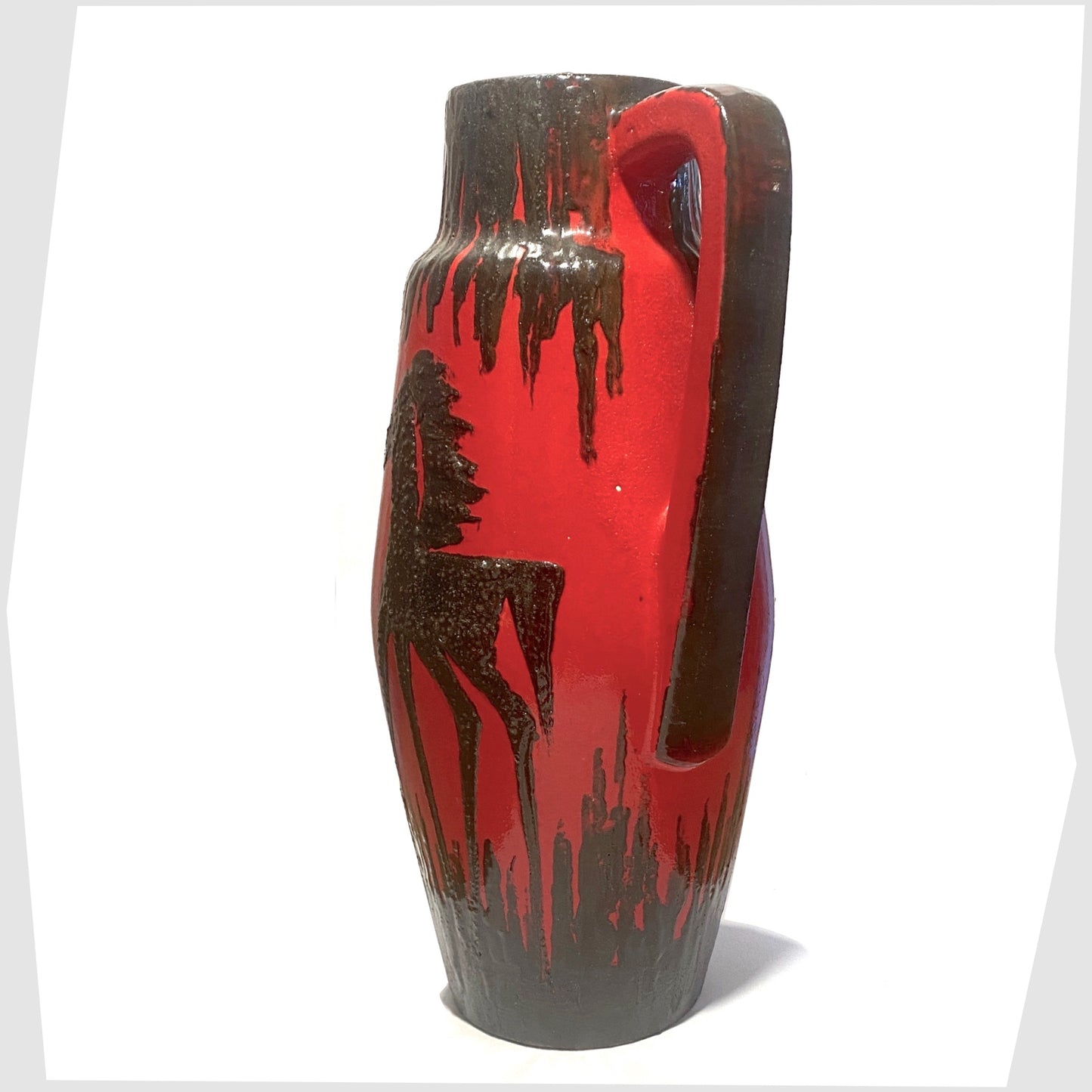vintage XL scheurich keramik 270-53 floor vase finished in a red glaze with black fat lava horse decoration