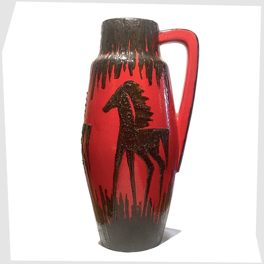 XL scheurich keramik 270-53 floor vase finished in a red glaze with black fat lava horse decoration