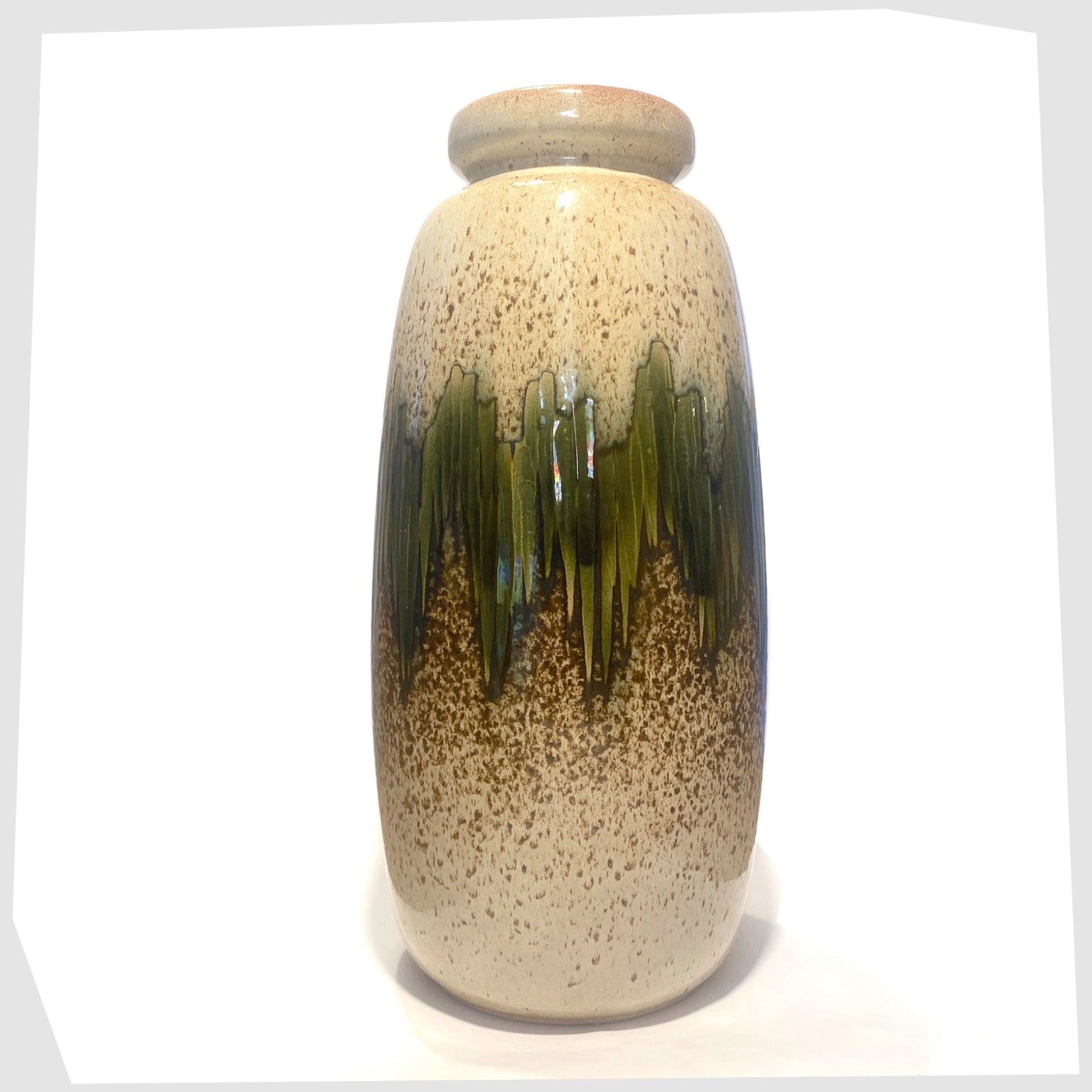 XL scheurich keramik 284-47 floor vase finished in a speckled beige with band of green lora glaze