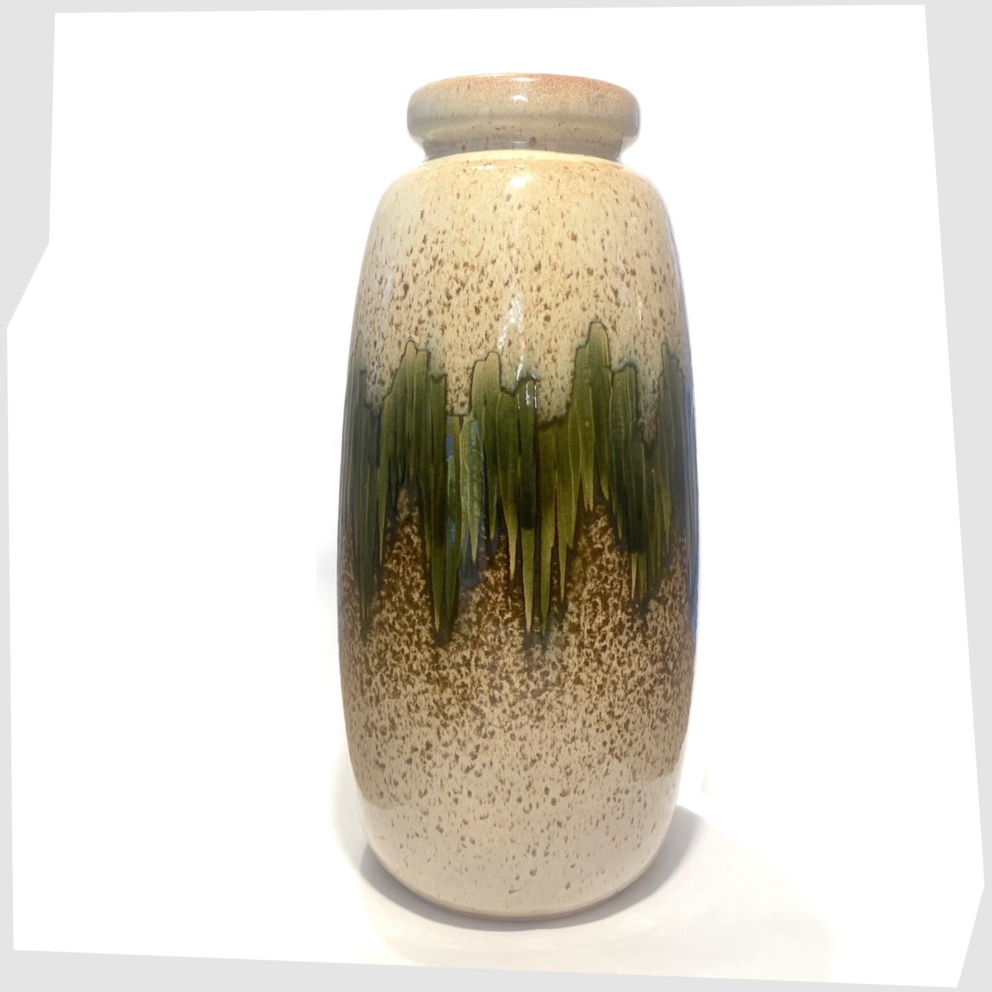 scheurich keramik 284-47 floor vase finished in a speckled beige with central band of green lora glaze