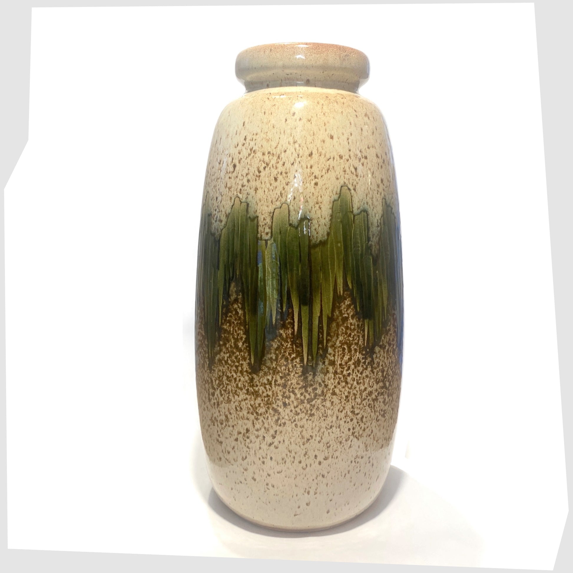 scheurich keramik 284-47 floor vase finished in a speckled beige with central band of green lora glaze