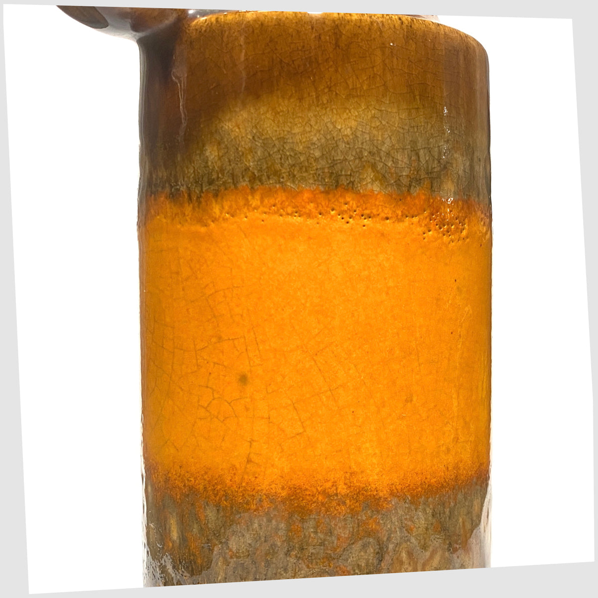 Close up of the Scheurich Keramik 401-28 Vase in chestnut brown glaze with a central band of orange fat lava, shown on a white background