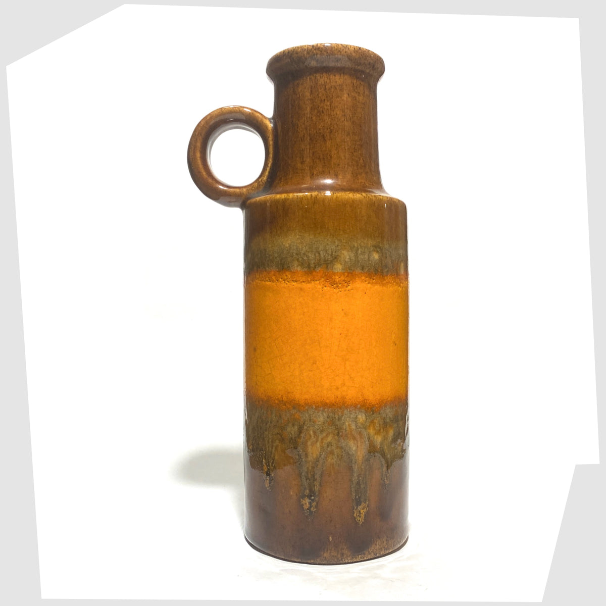 1970s Scheurich Keramik 401-28 Vase in chestnut brown glaze with a central band of orange fat lava, shown on a white background