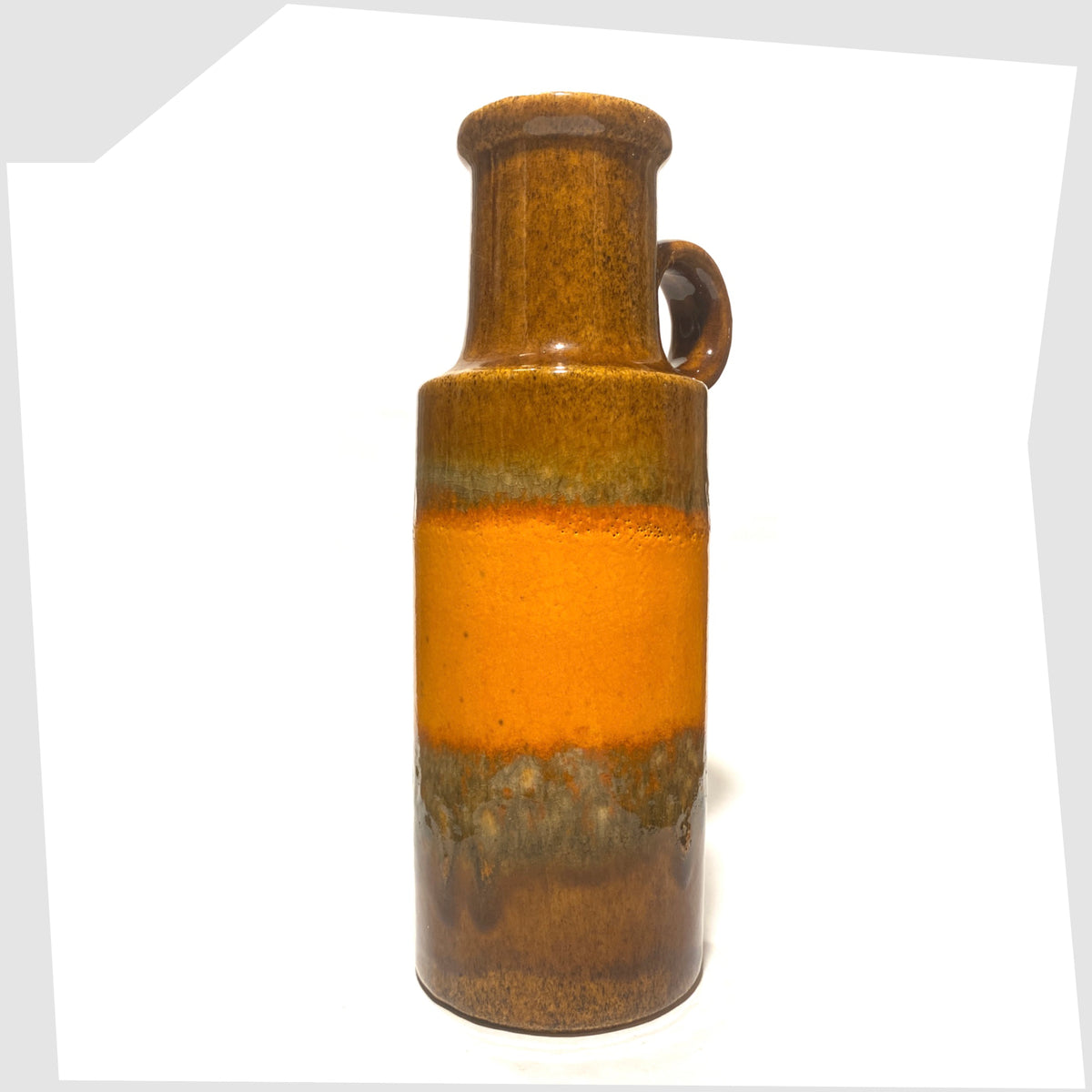 Right side of the Scheurich Keramik 401-28 Vase in chestnut brown glaze with a central band of orange fat lava, shown on a white background
