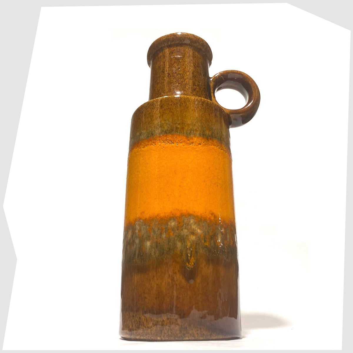 West German Scheurich Keramik 401-28 Vase in chestnut brown glaze with a central band of orange fat lava, shown on a white background
