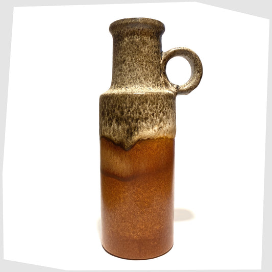 scheurich keramik 401-28 vase with loop handle, glazed in an amber base with grey fat lava