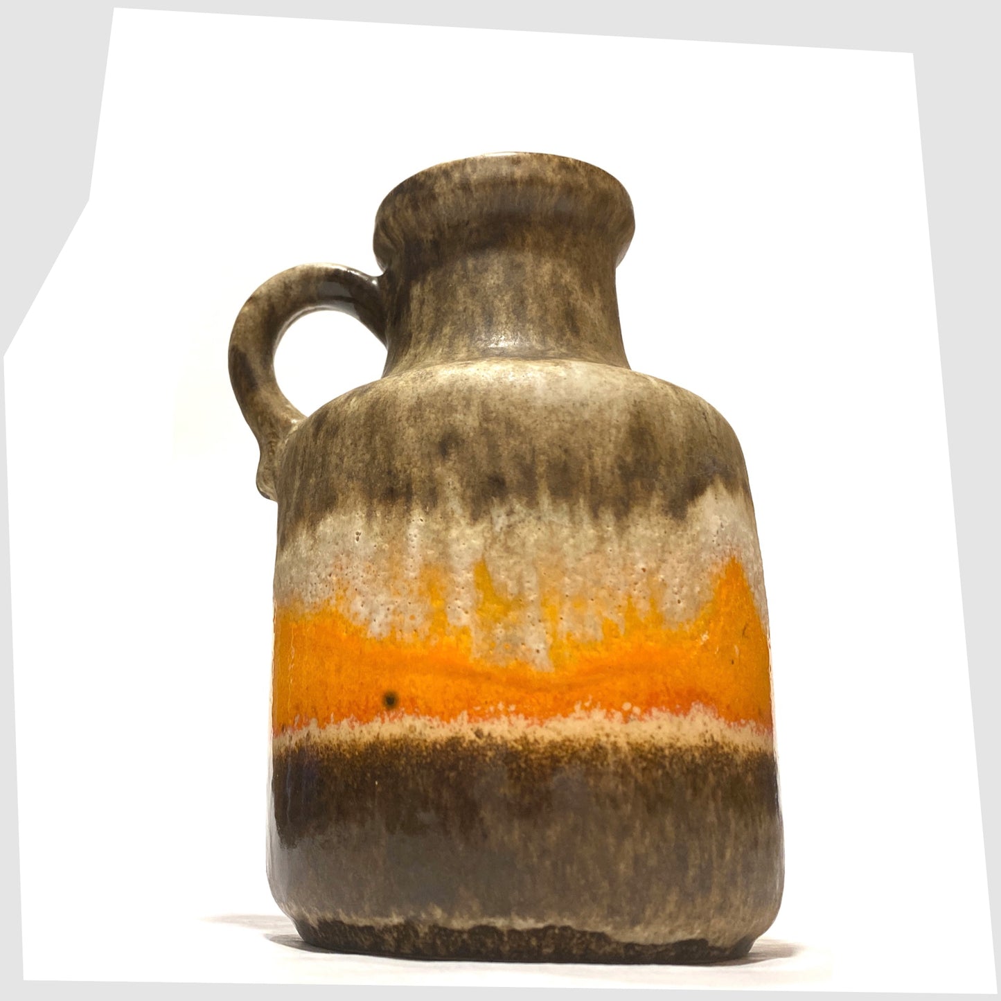 West German Pottery Scheurich Keramik 414-16 Vase in matte fat lava drip glaze with contrasting band of vibrant orange gloss glaze, shown on a white background