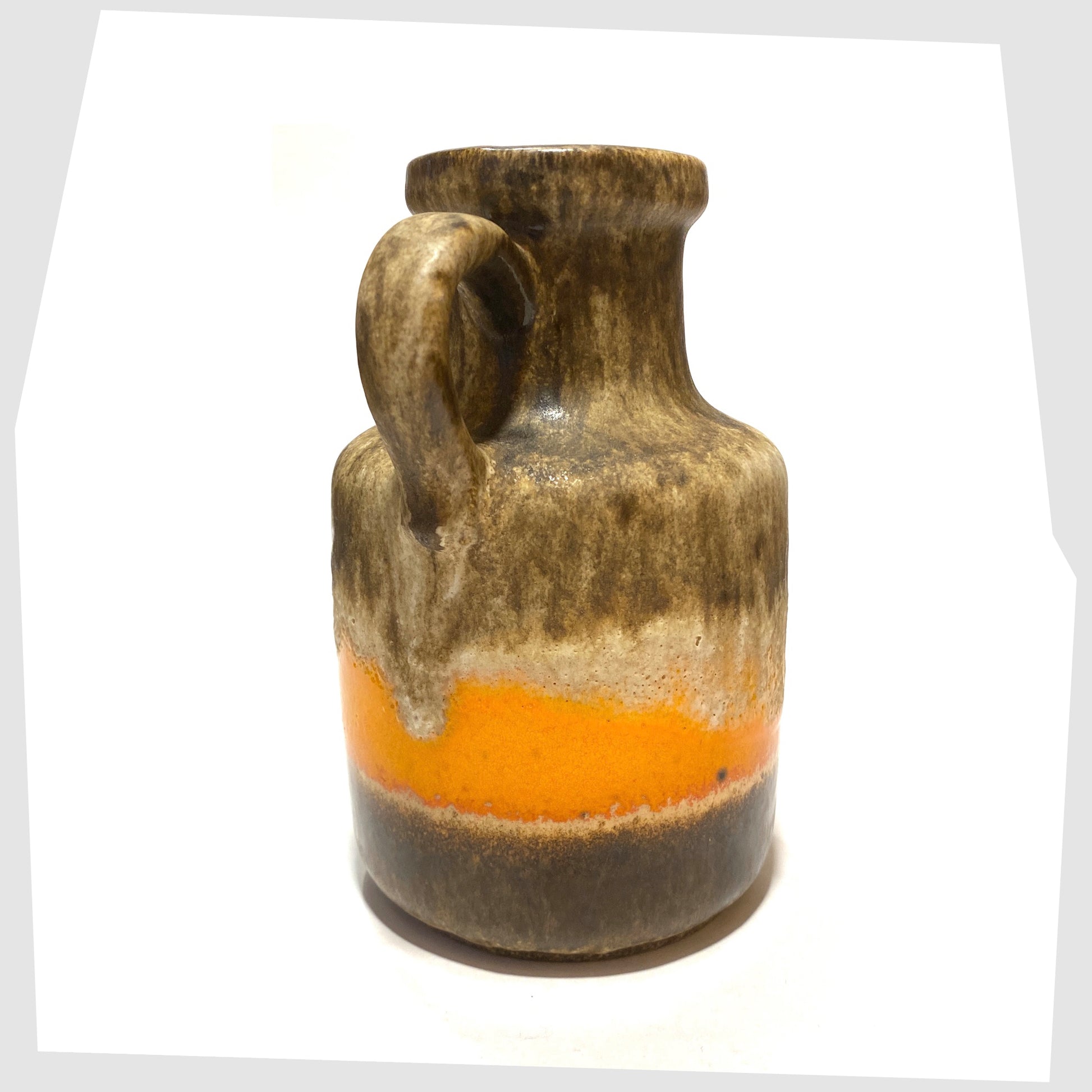 Side angle of the Scheurich Keramik 414-16 Vase in matte fat lava drip glaze with contrasting band of vibrant orange gloss glaze, shown on a white background