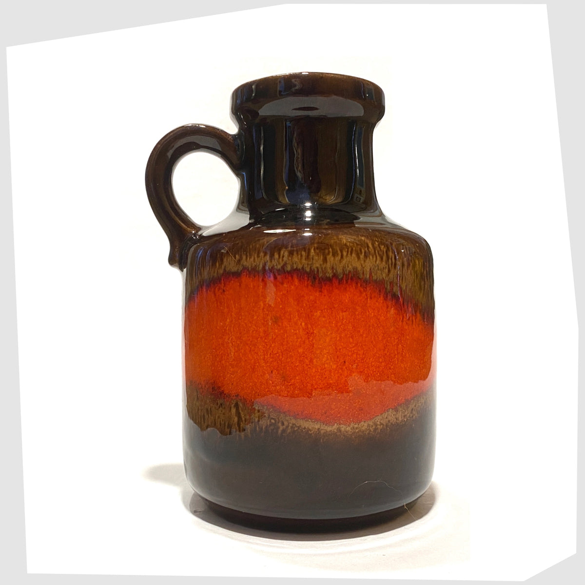 1970s Scheurich Keramik 414-16 Vase in chestnut brown glaze with a central band of volcanic red, shown on a white background