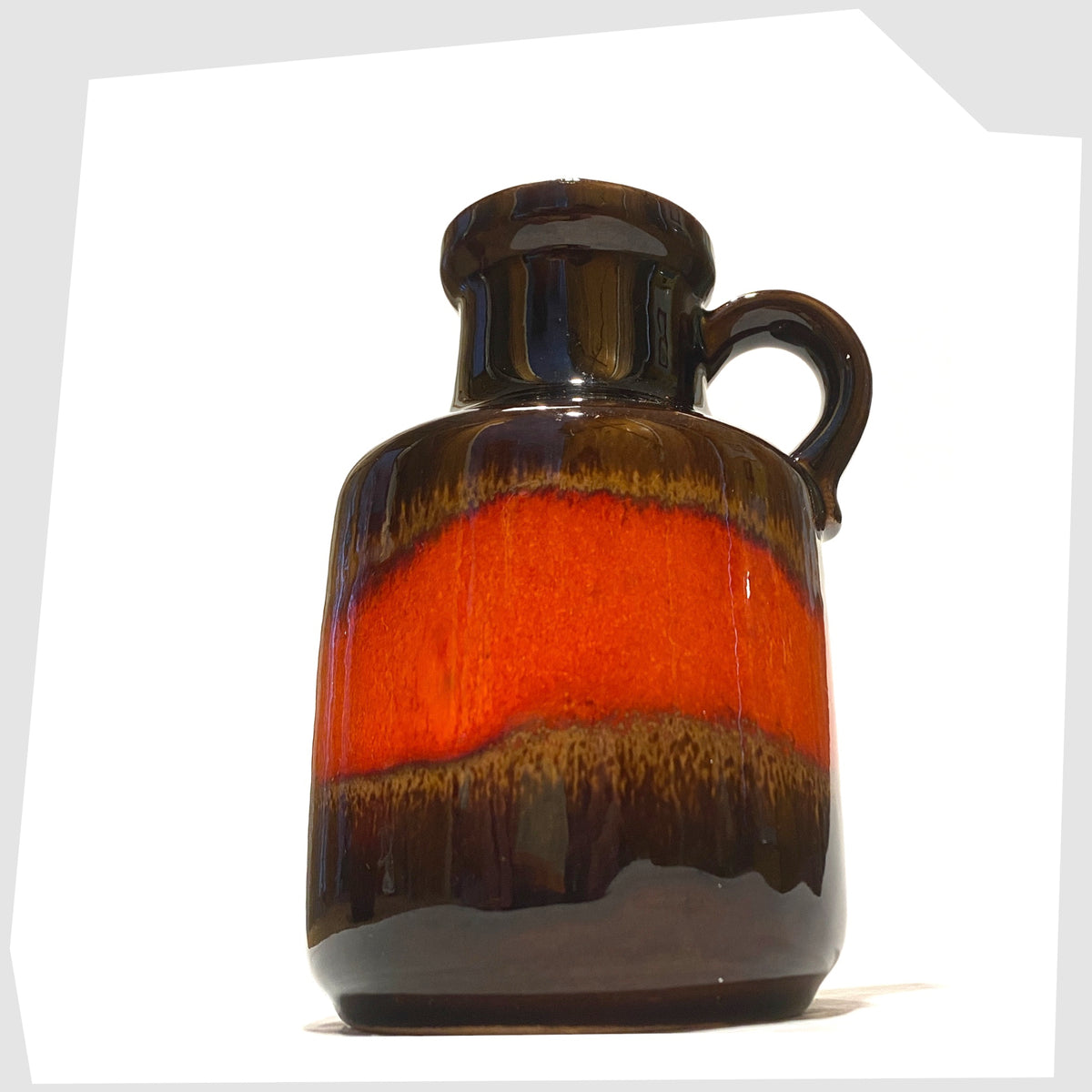 Vintage Scheurich Keramik 414-16 Vase in chestnut brown glaze with a central band of volcanic red, shown on a white background