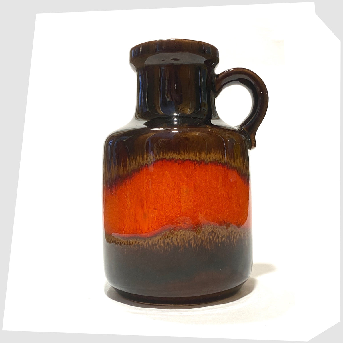 West German Pottery Scheurich Keramik 414-16 Vase in chestnut brown glaze with a central band of volcanic red, shown on a white background