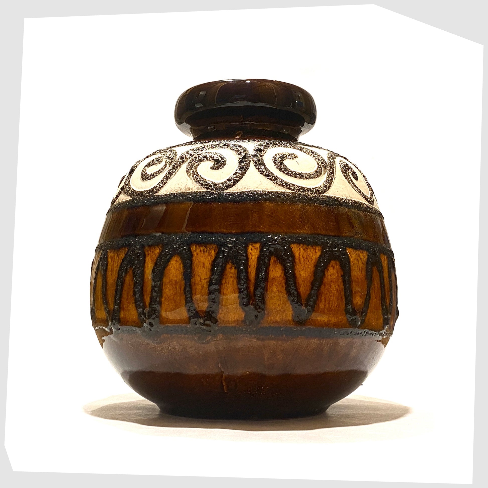 ball-shaped scheurich keramik 484-21 vase in chestnut brown with white and amber bands of fat lava patterns
