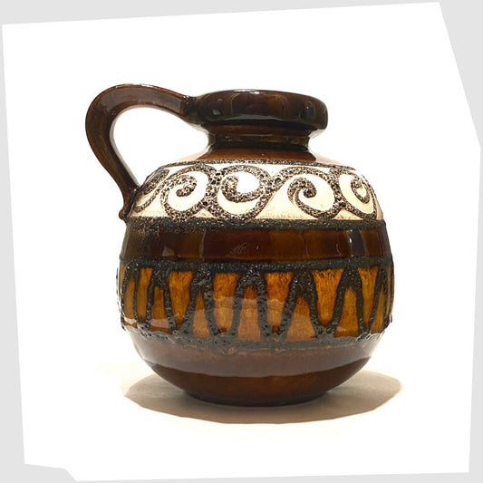 ball-shaped west german pottery vase in chestnut brown with white and amber bands of fat lava patterns