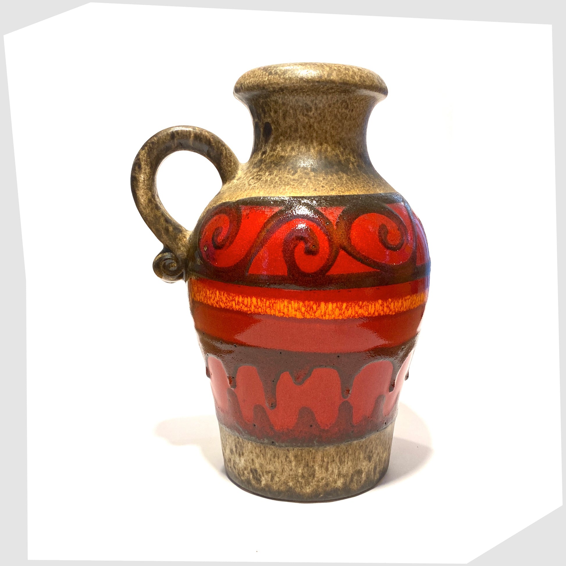 scheurich keramik 490-25 vase with single loop handle, glazed in volcanic red with swirls of black fat lava