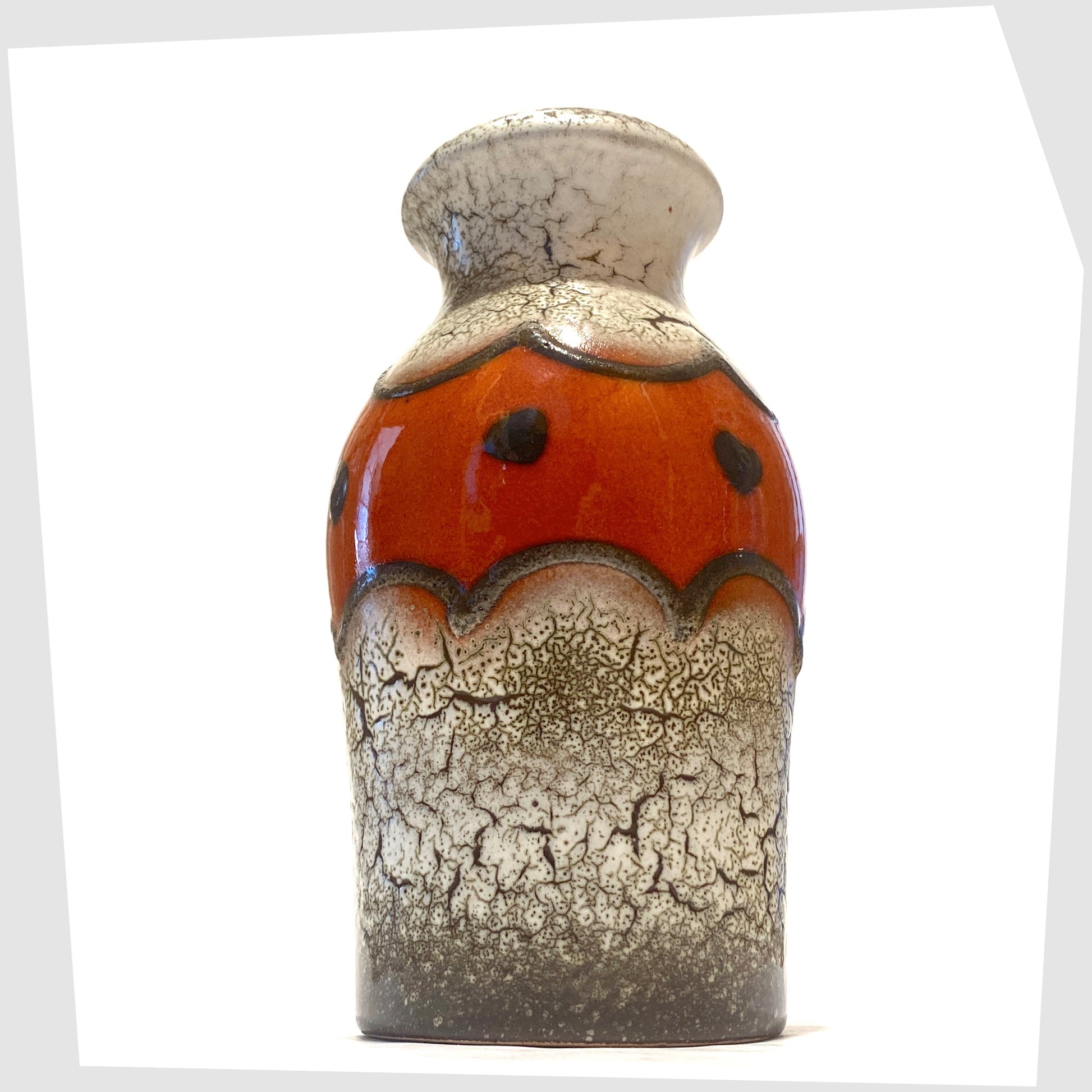 vintage west german pottery vase by scheurich keramik, model 523-18, glazed in a black and white fat lava with contrasting central band of volcanic red glaze