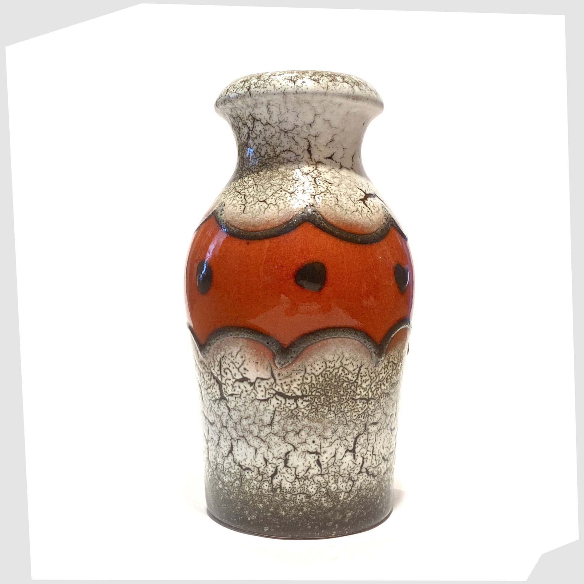 vintage scheurich keramik 523-18 vase glazed in a black and white fat lava with contrasting central band of volcanic red glaze