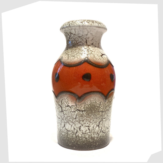 vintage scheurich keramik 523-18 vase glazed in a black and white fat lava with contrasting central band of volcanic red glaze