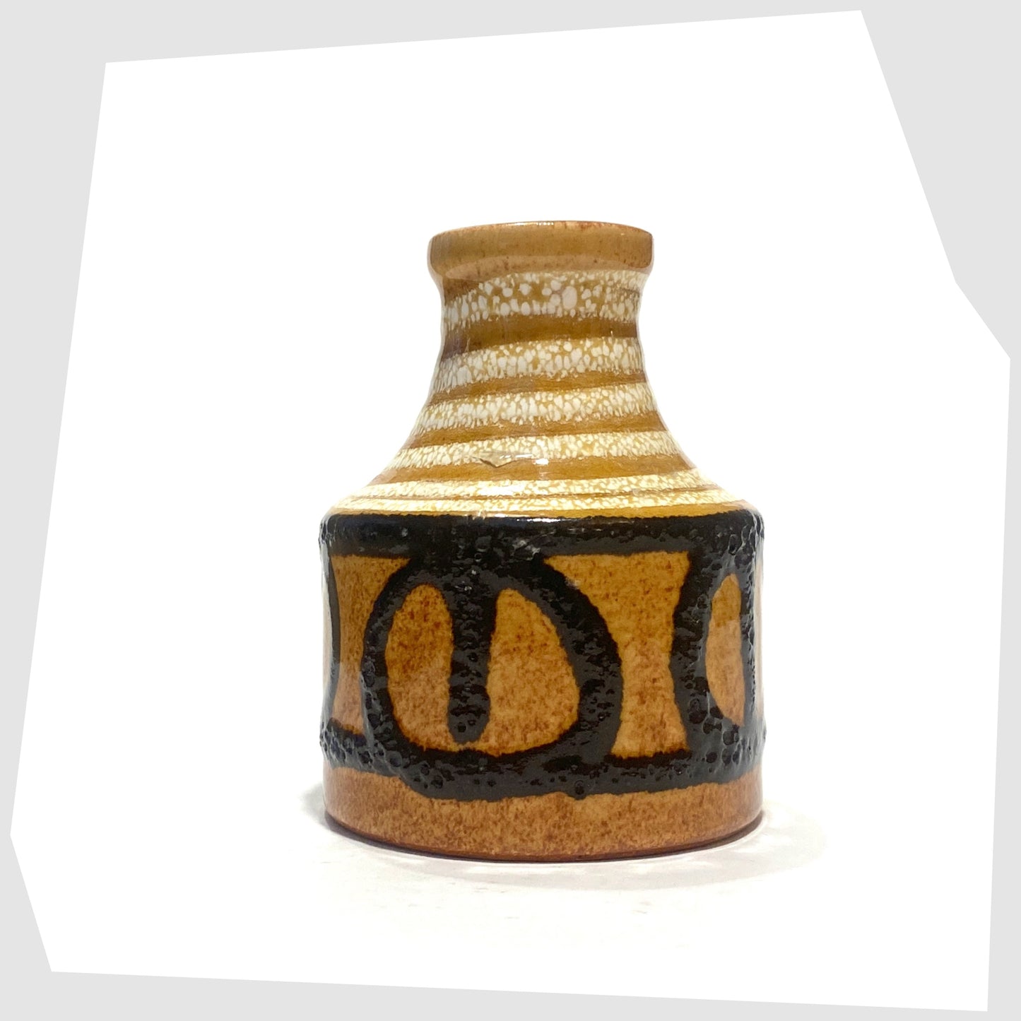 Scheurich Keramik 550-10 Vase in an amber glaze with black fat lava circles and white swirls, shown on a white background
