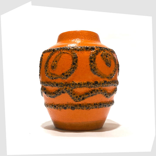 Scheurich Keramik 550-10 Vase in vibrant orange glaze with deep fat lava swirls and flowing lines, shown on a white background