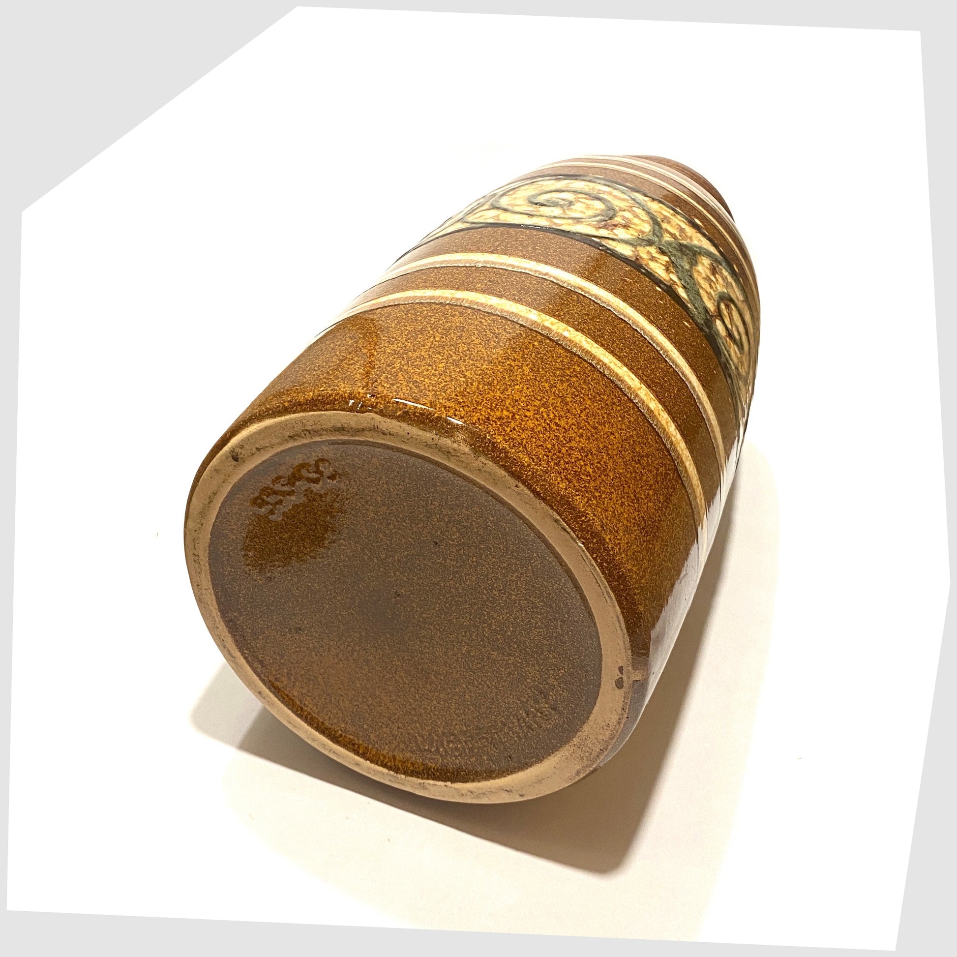 base markings of the west german pottery large floor vase by Scheurich Keramik, model 553-38, in a chestnut and amber striped glaze with swirls of fat lava 