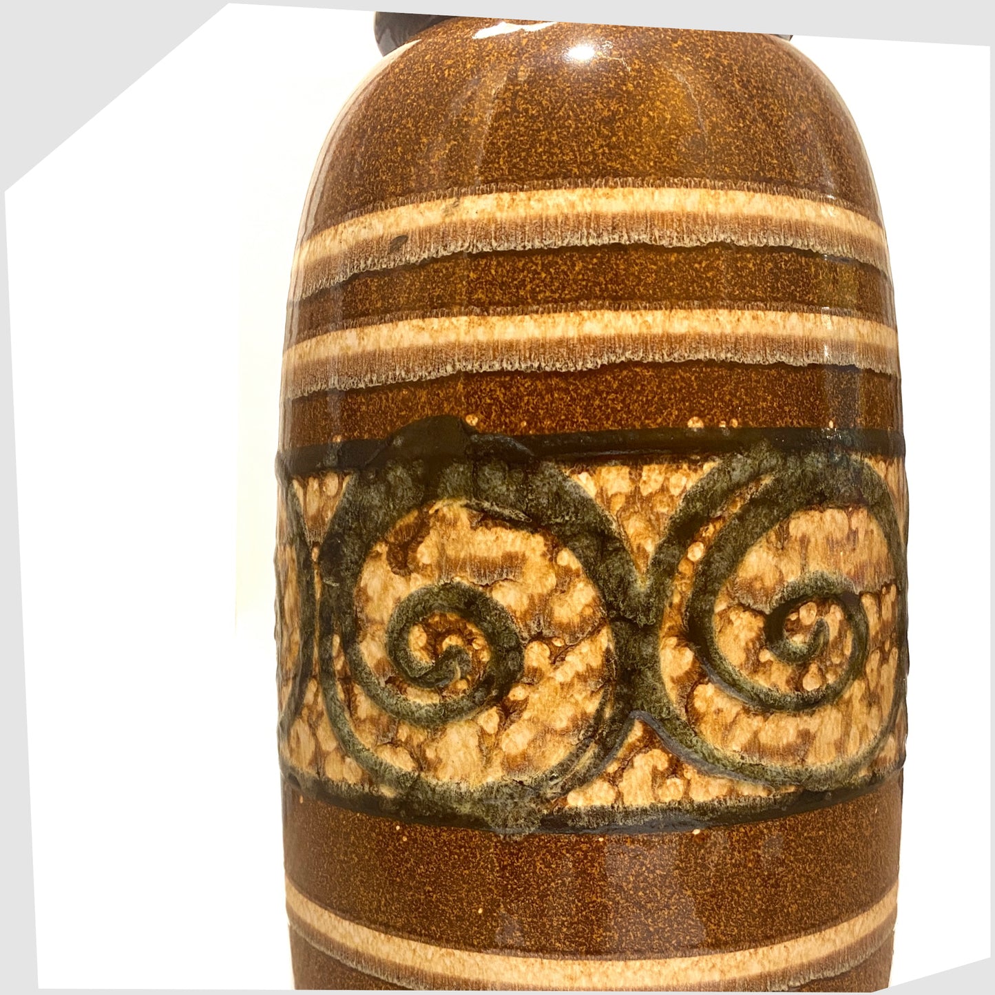close up of the west german pottery large floor vase by Scheurich Keramik, model 553-38, in a chestnut and amber striped glaze with swirls of fat lava 