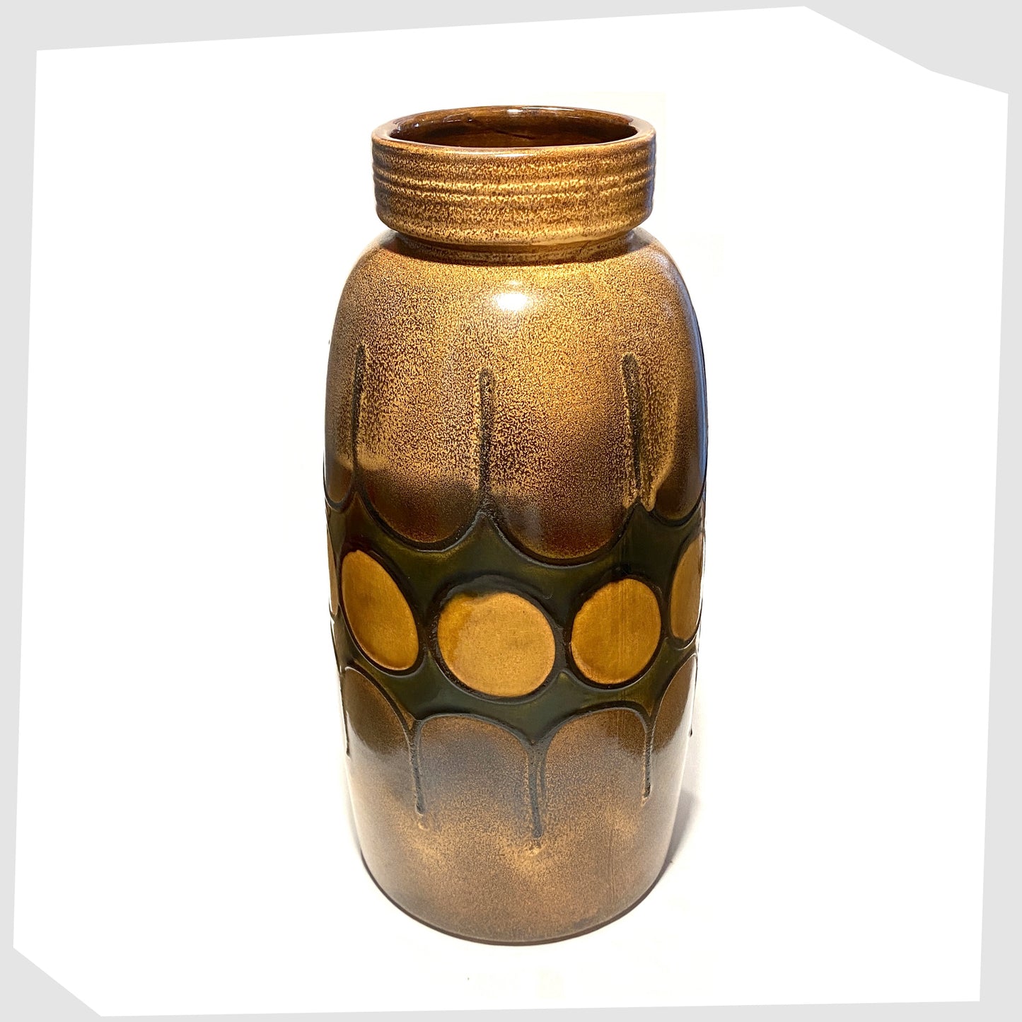 scheurich keramik floor vase, model 553-38, glazed in a bold band of forest  green with amber circles