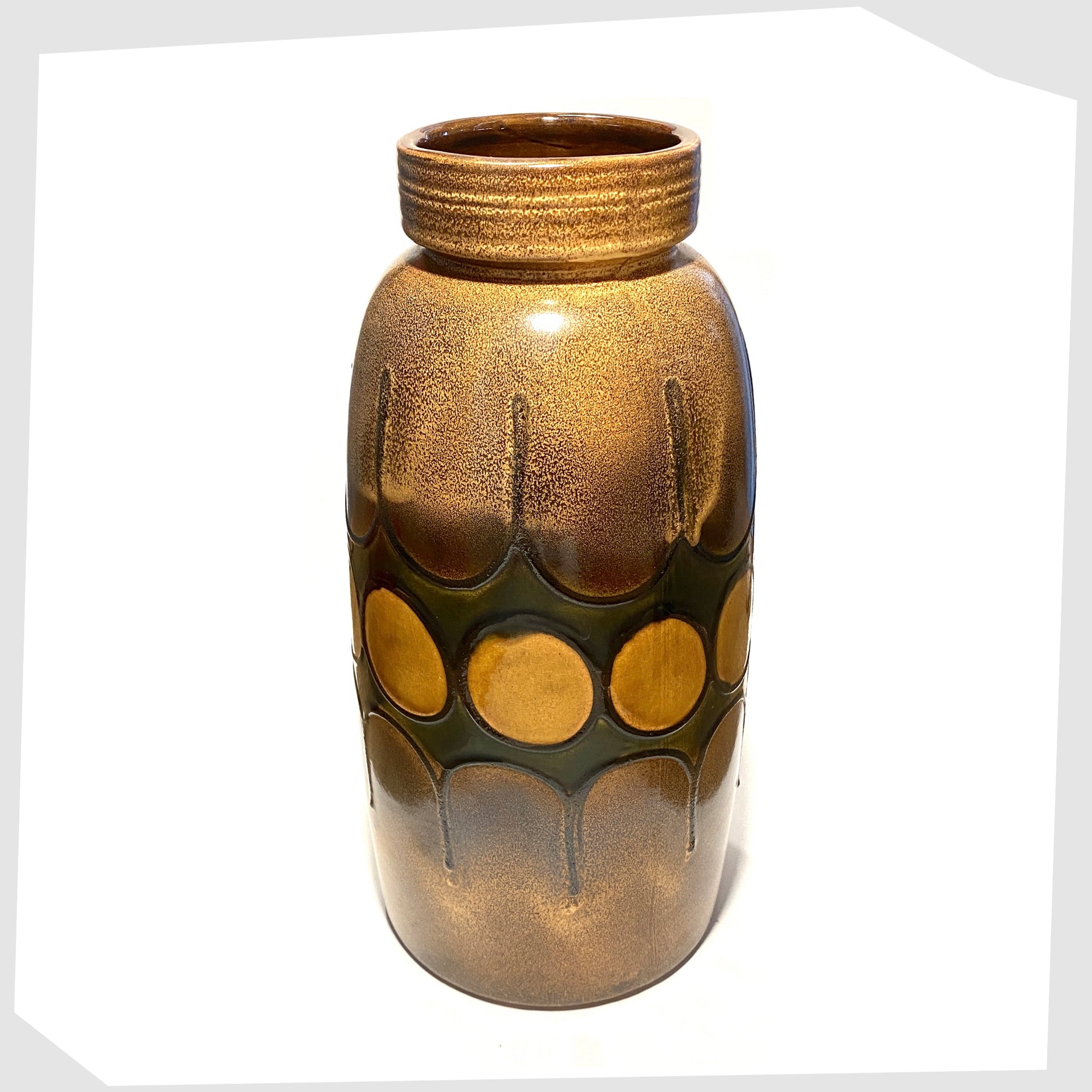scheurich keramik floor vase, model 553-38, glazed in a bold band of forest  green with amber circles