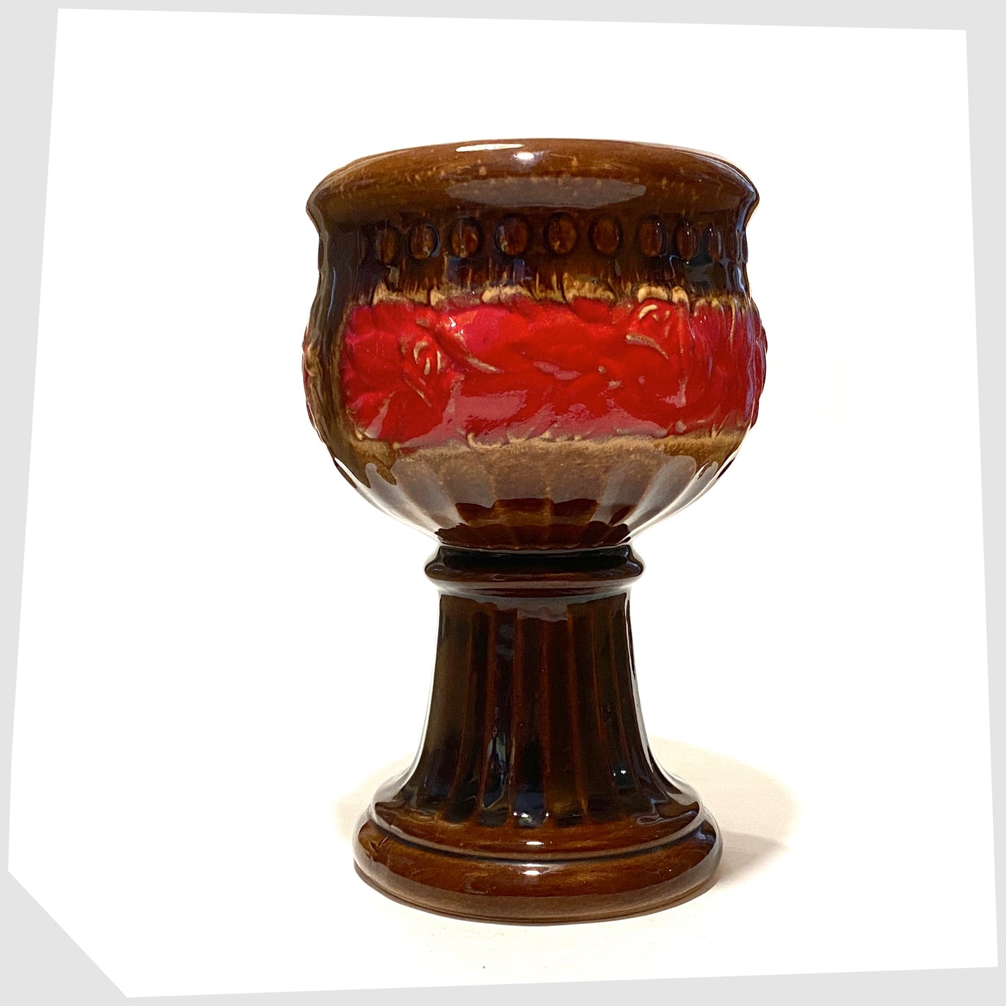 schuerich keramik 706-23 footed planter in chestnut glaze with central band of volcanic red glaze