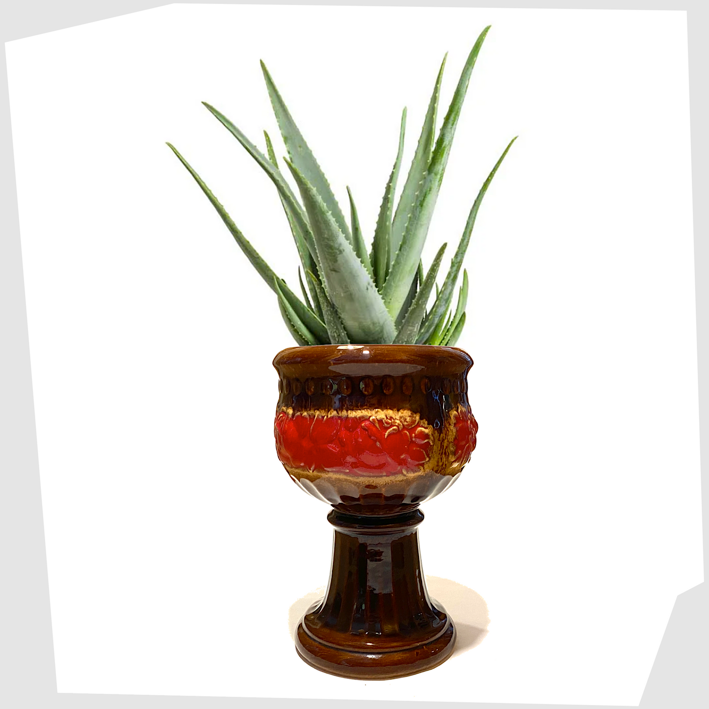 vintage schuerich keramik 706-23 footed planter in chestnut glaze with central band of volcanic red glaze