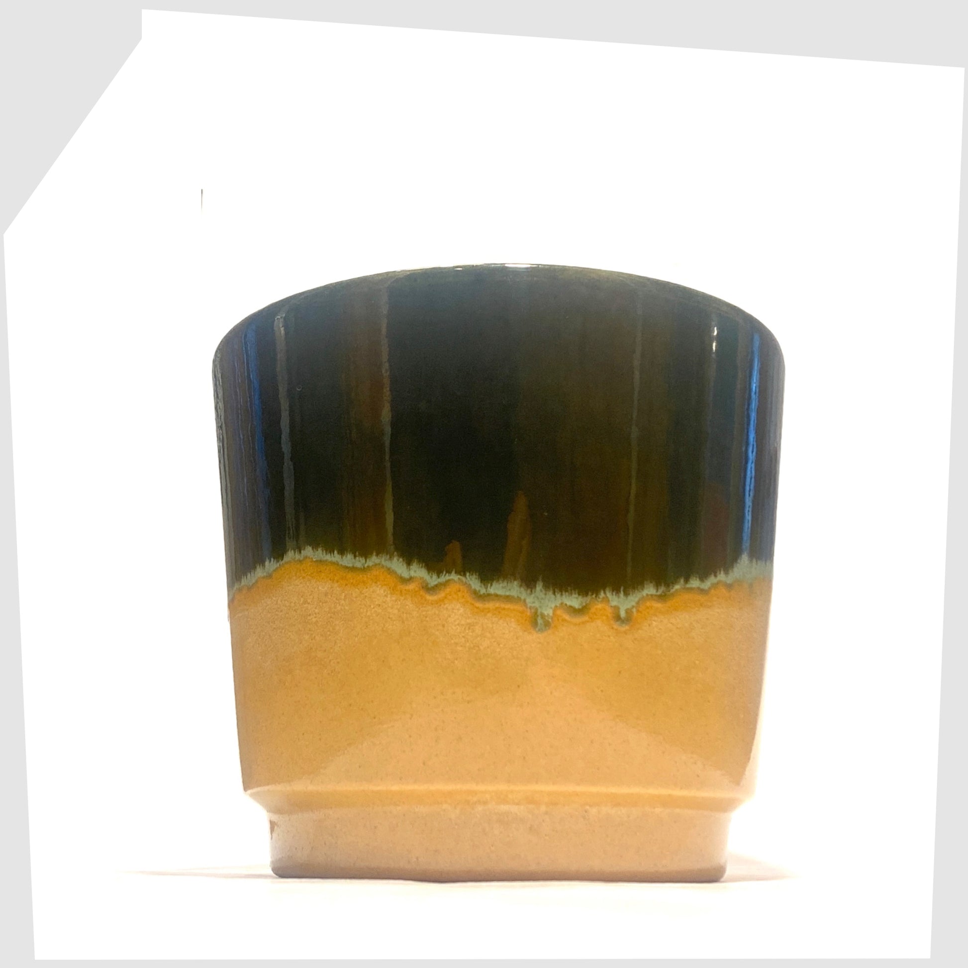 1970s West German Pottery Scheurich Keramik 806-19 Planter in dark green and compliment beige glaze, shown on a white background