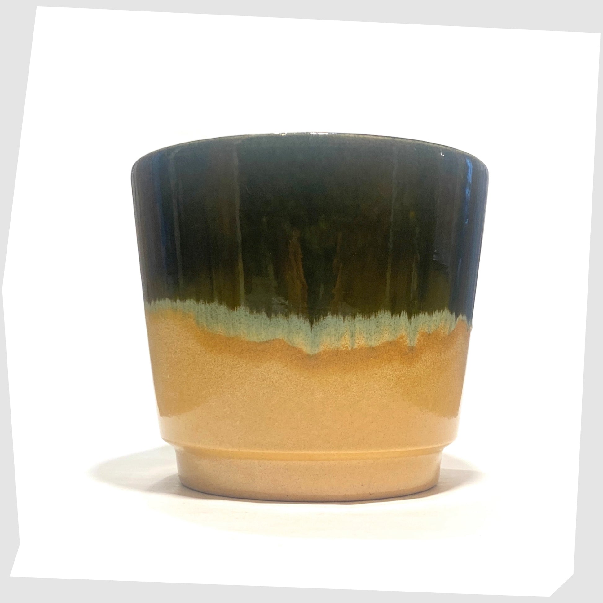 Scheurich Keramik 806-19 Planter in dark green and compliment beige glaze, shown on a white background