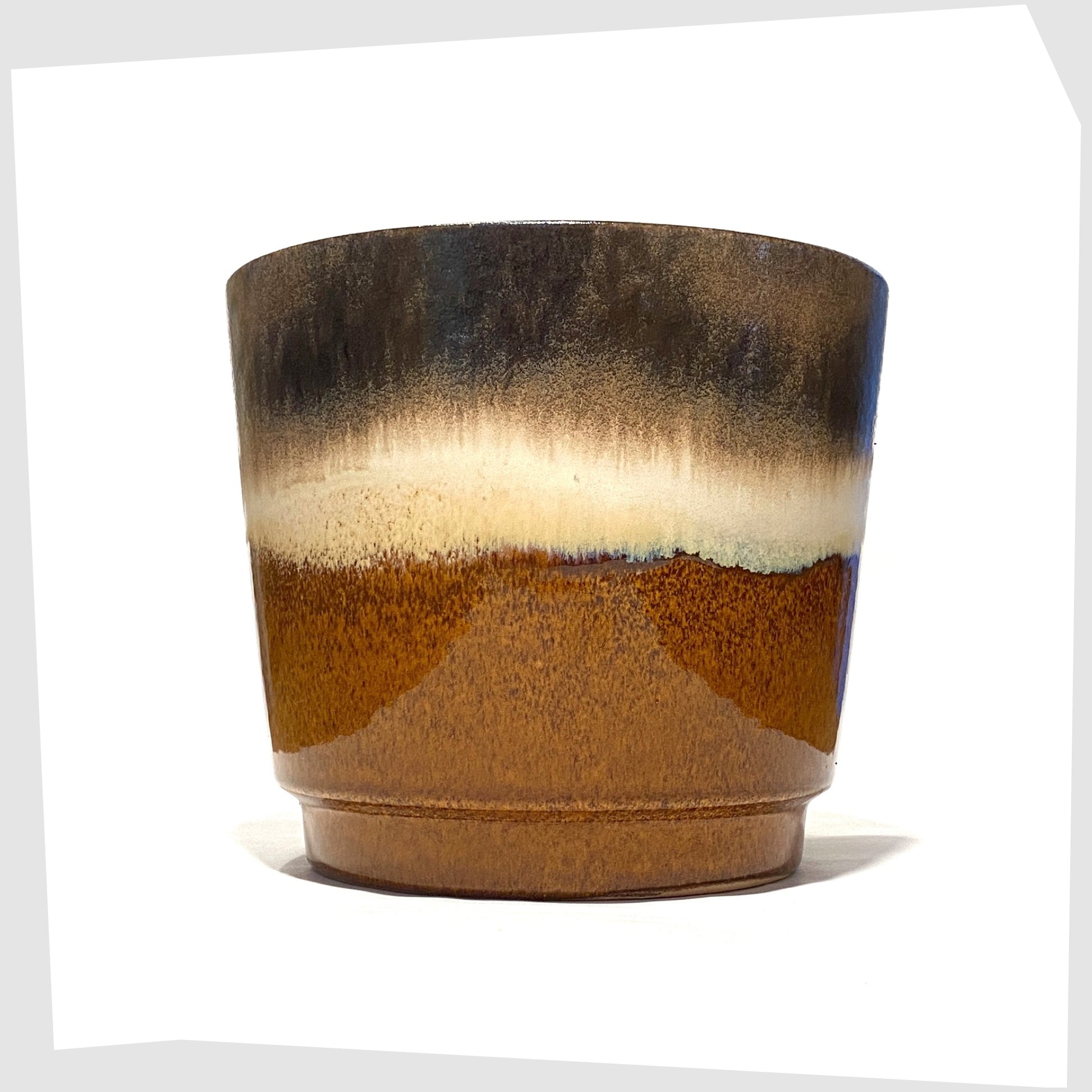 Large West German Pottery Planter by Scheurich Keramik model 806-19 in a striped glaze of warm grey, brown and cream