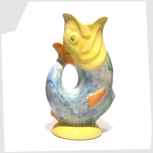 hand-painted Secla Pottery Gluggle Jug in a multicoloured glaze of yellow, blue, orange and green