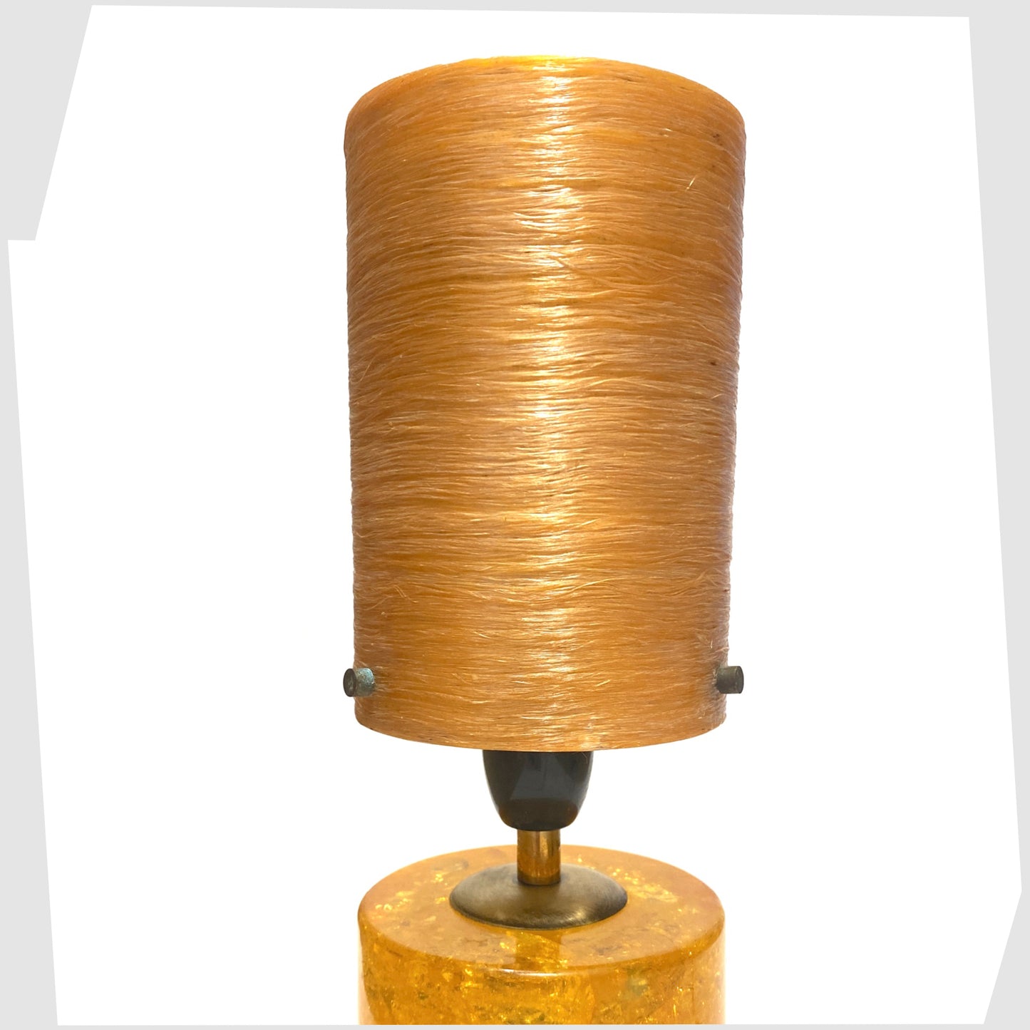 original spun fibreglass lampshade in light orange, shown on an orange shattaline lamp base