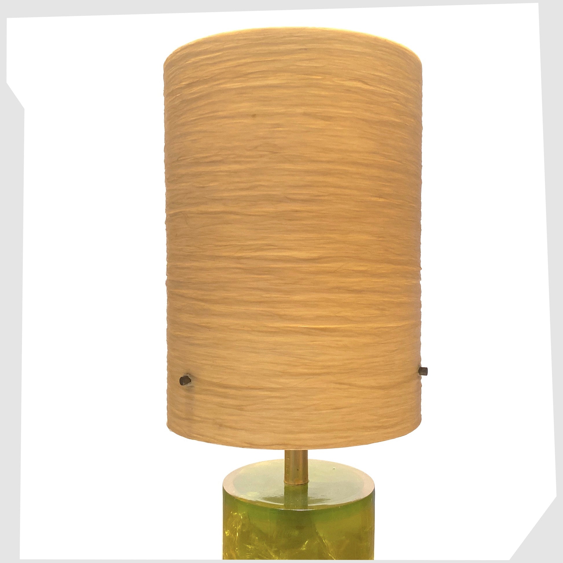 cylindrical spun fibreglass lampshade (8inch size) on the chartreuse Shattaline Table Lamp Base