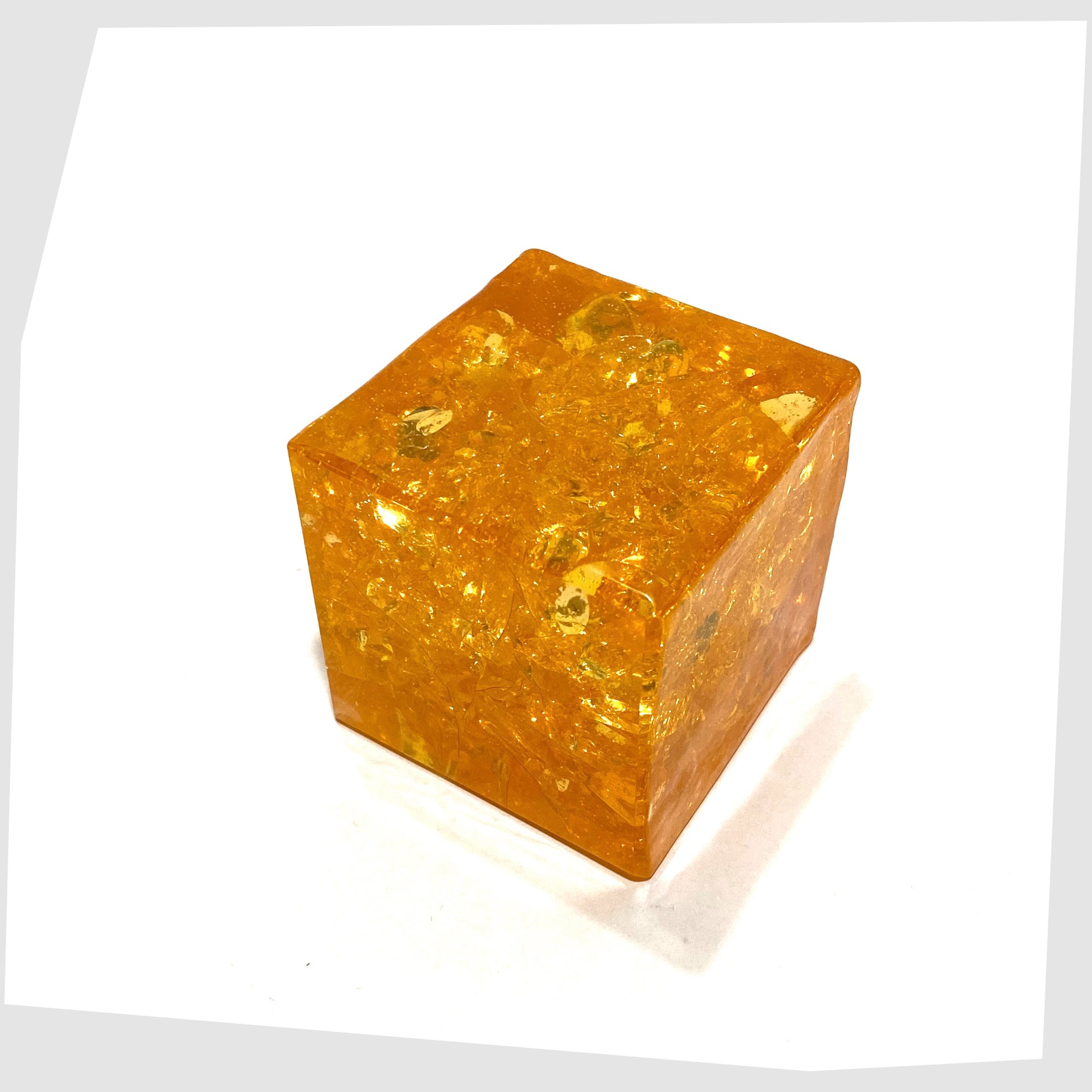 1960s Shattaline Cube Paperweight in vibrant orange resin