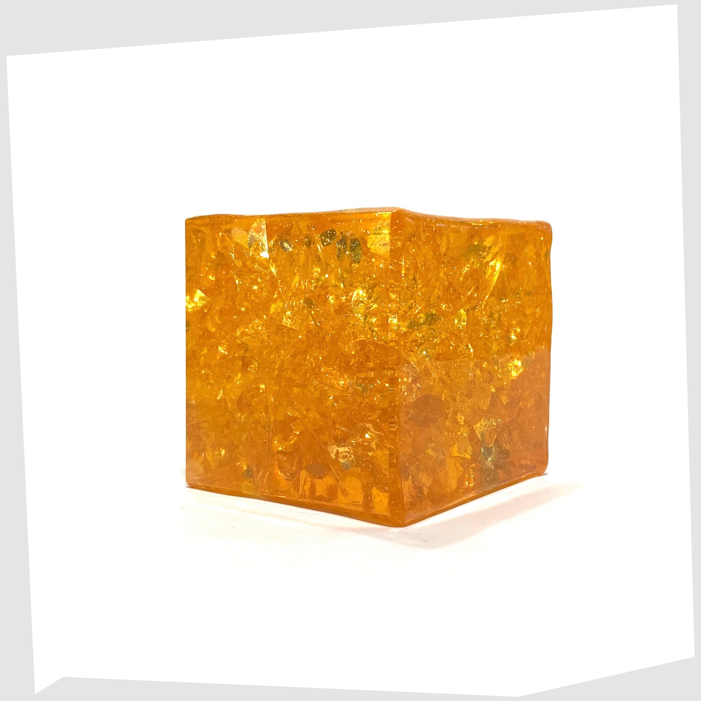 Vintage Shattaline Cube Paperweight in vibrant orange resin