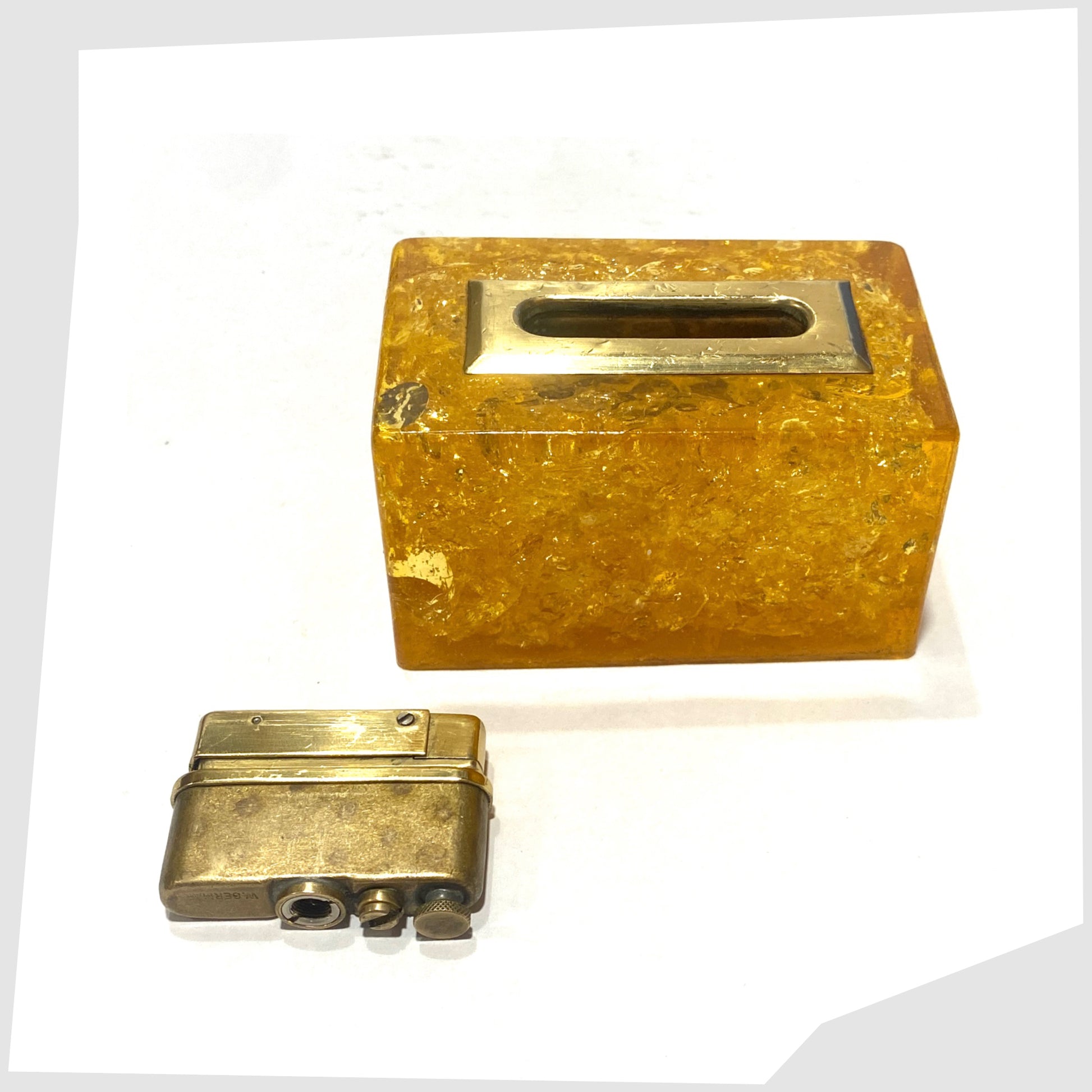 Orange Shattaine Table Lighter in rectangular resin with brass fitting removed