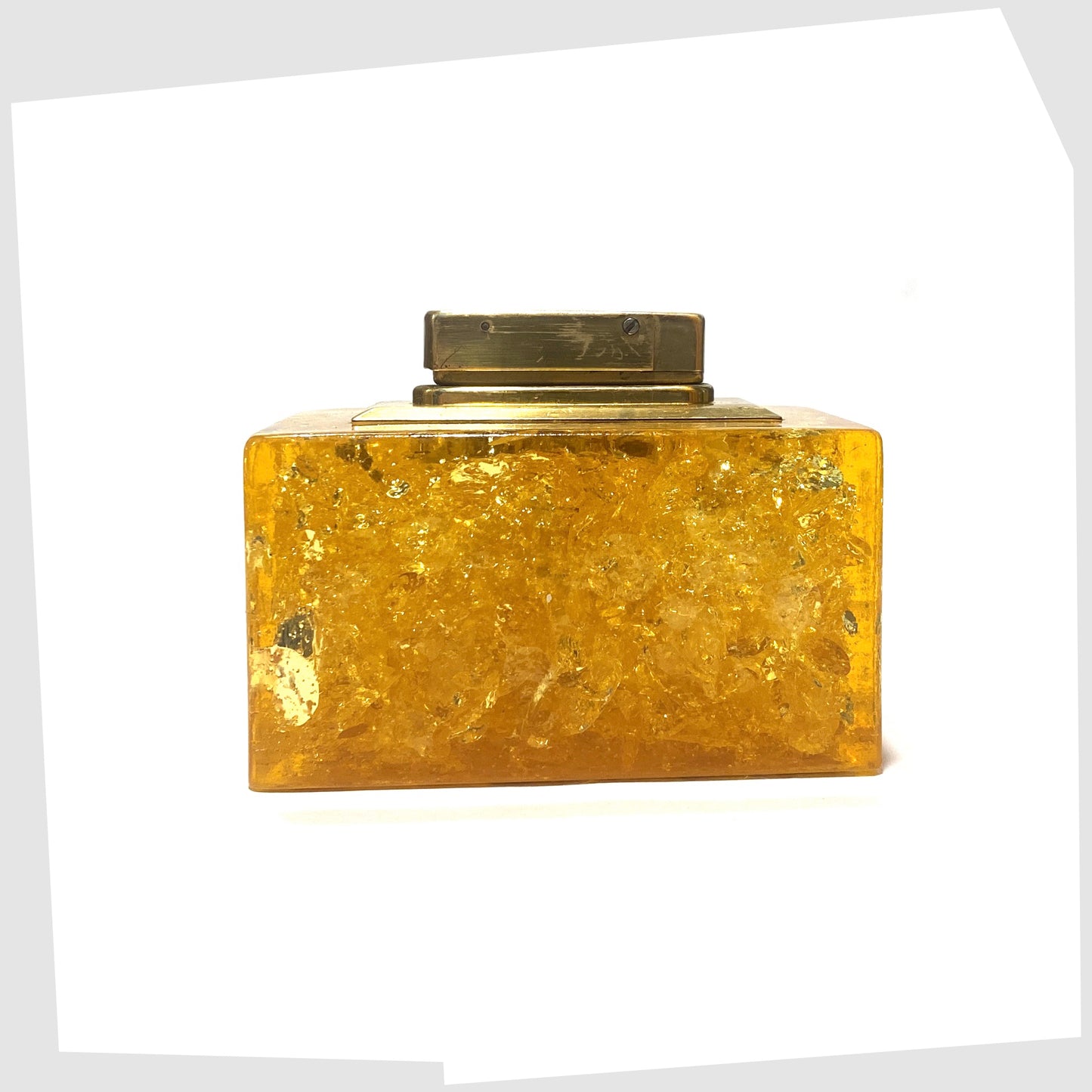 1960s Orange Shattaine Table Lighter in rectangular resin with brass fitting